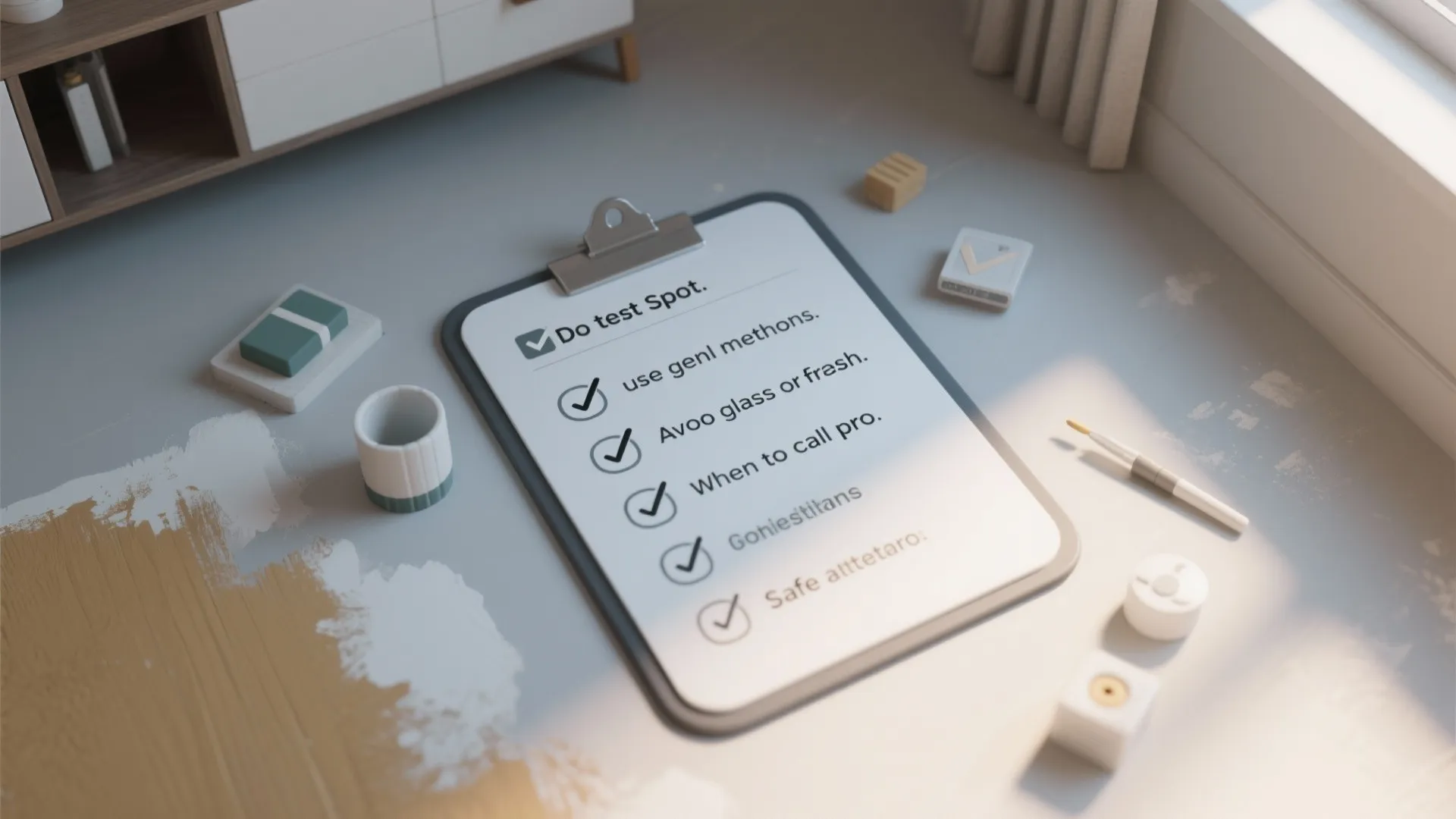 A clipboard with a cleaning checklist sitting on a floor near a small paint brush