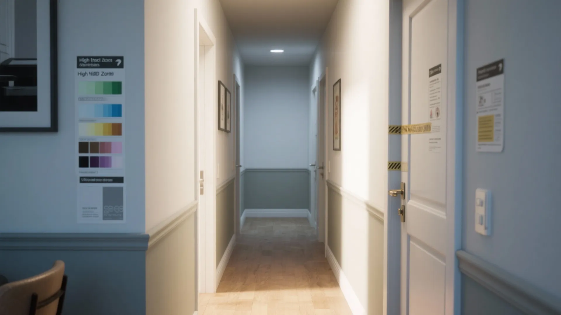 Modern hallway with white walls and wood floor showing colored cleaning zones on the wall panel