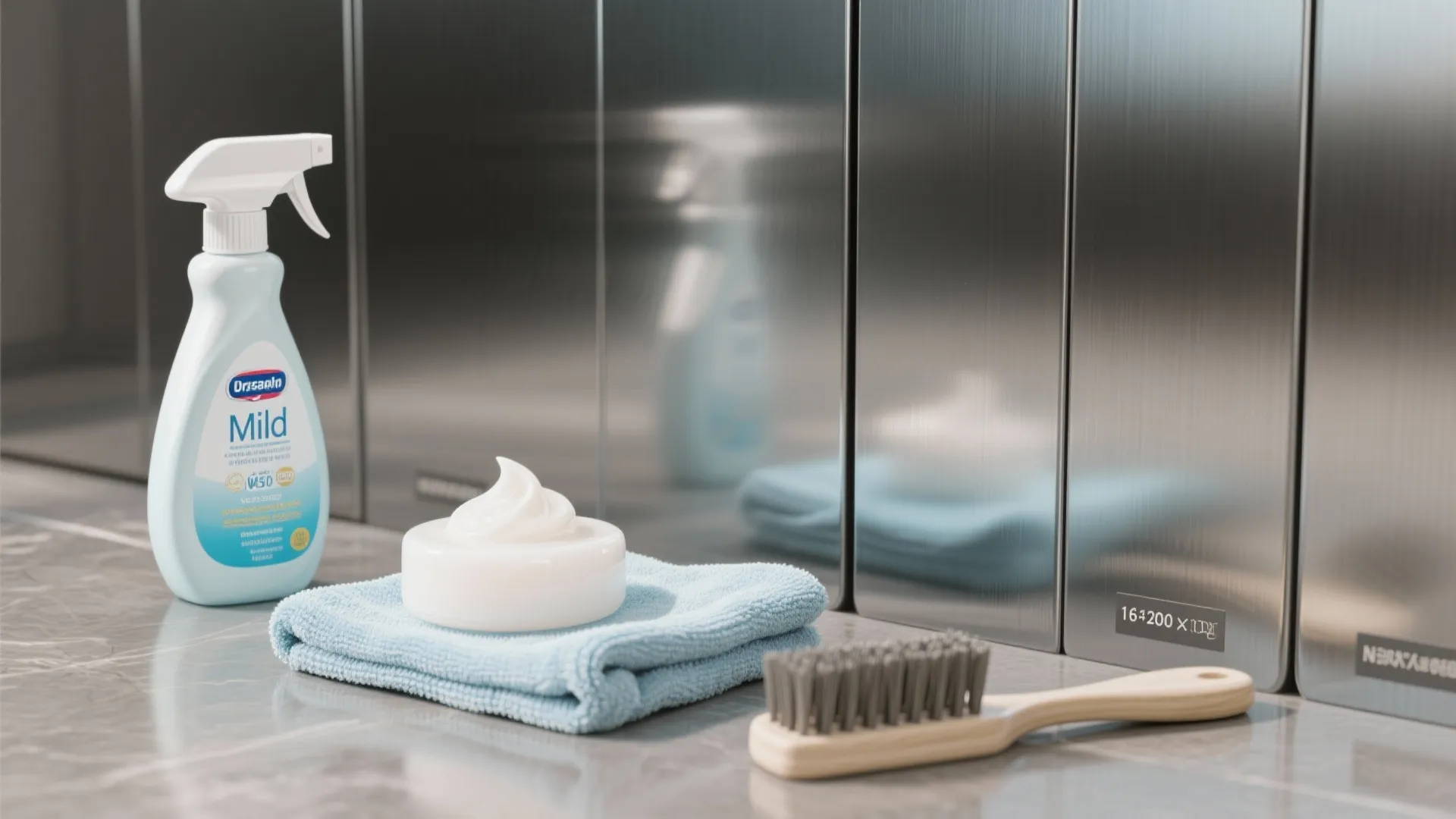 Cleaning supplies and samples of brushed, satin and mirror stainless finishes for outdoor doors