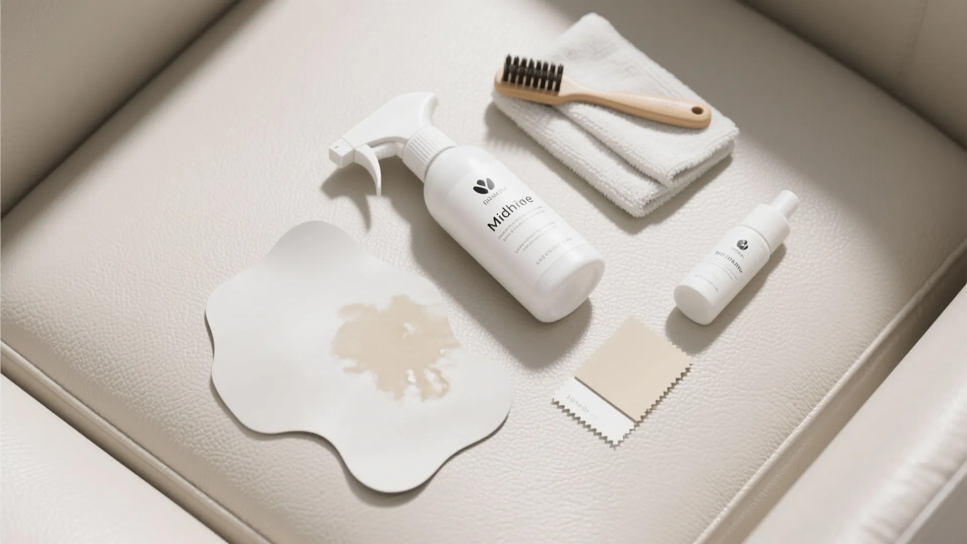 Flatlay of cleaning supplies and faux leather swatch for maintaining white chairs.
