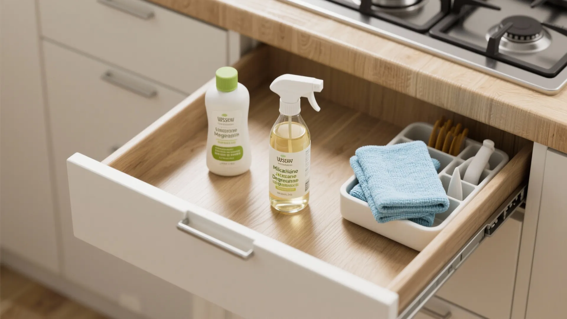 Open kitchen drawer containing spray bottle cleaning liquid blue towels and small white organizer tray