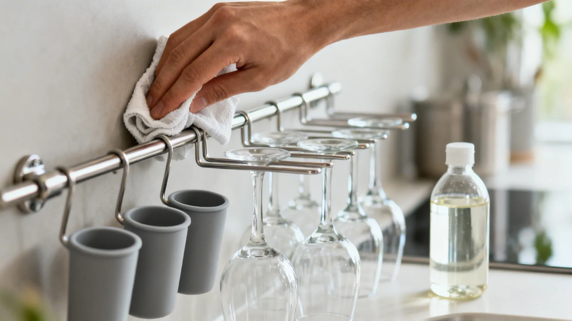 Hand cleaning metal kitchen wall rack with white cloth holding wine glasses and grey cups