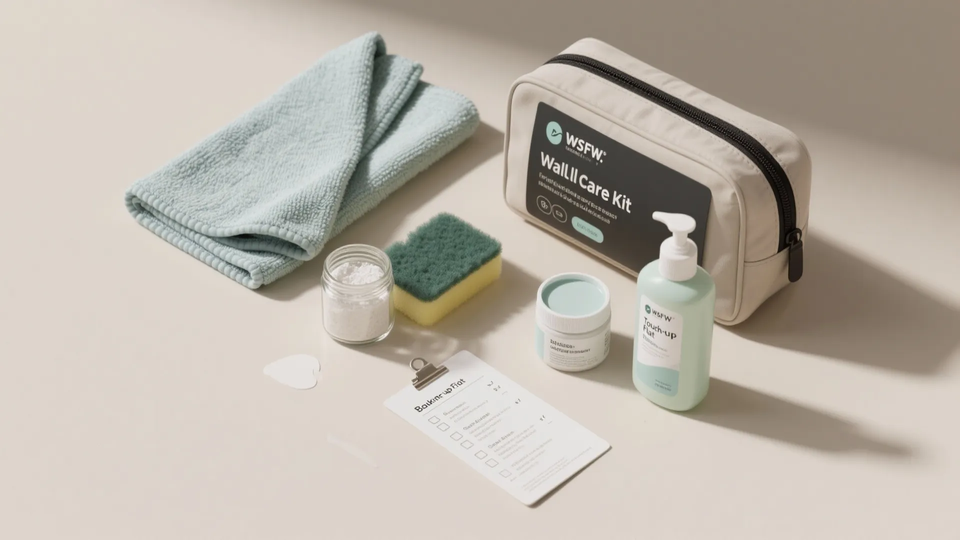Top-down flatlay of a compact wall-care kit with cloths, baking soda, melamine sponge, touch-up paint and checklist.