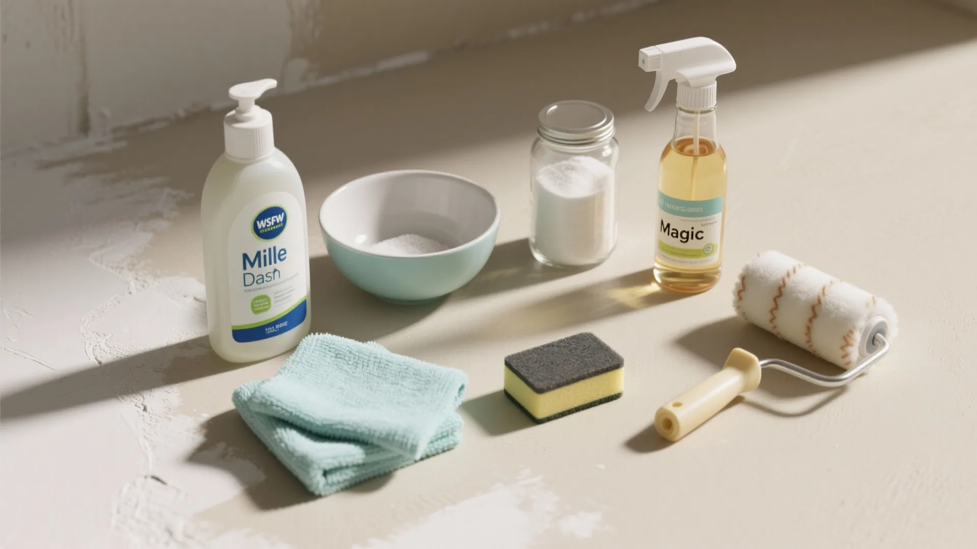 Cleaning kit with spray bottle soap bowl sponge cloth and paint roller on beige surface