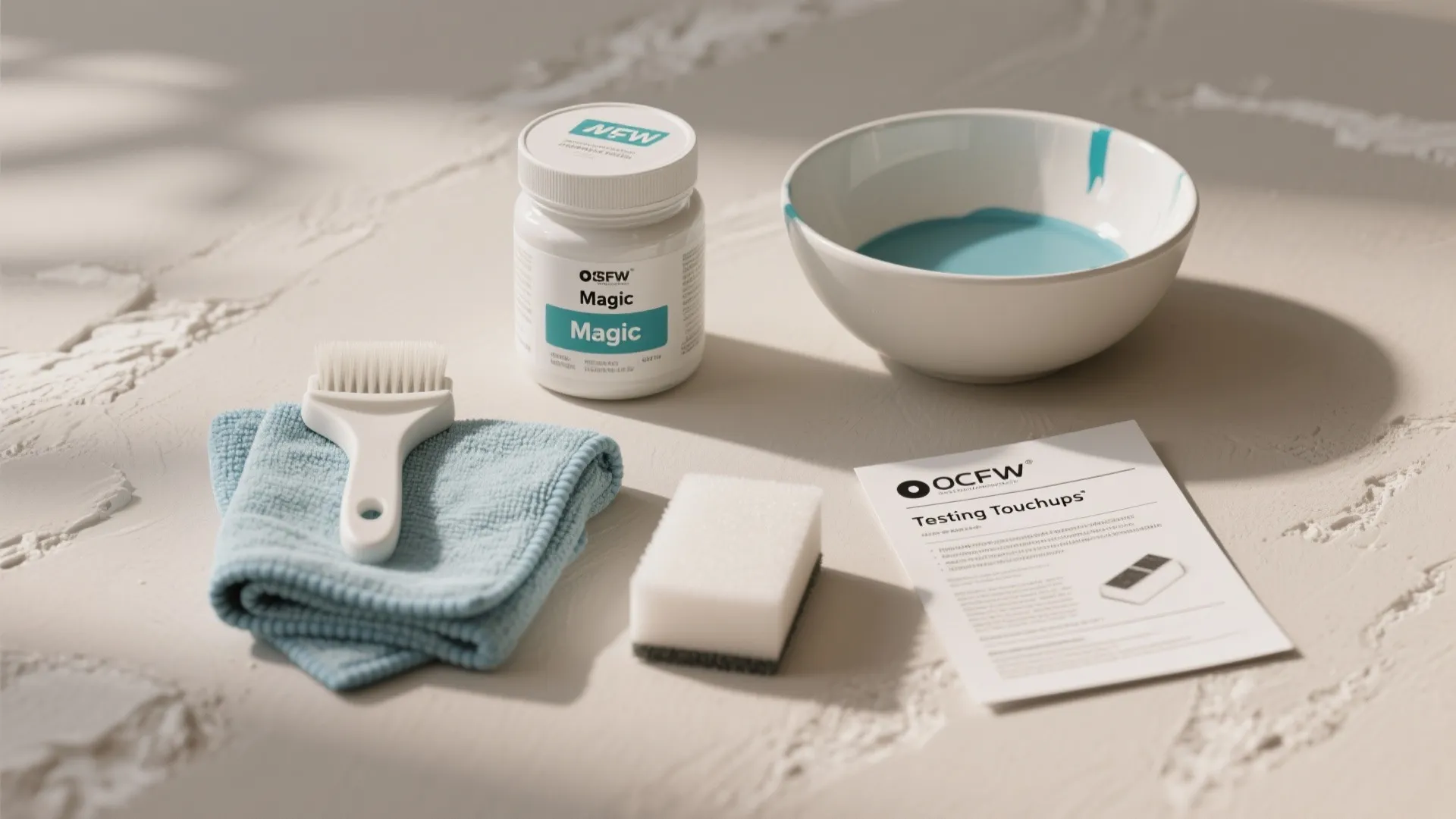 Wall repair kit containing cleaning cloth sponge small brush paint bowl and white cream bottle