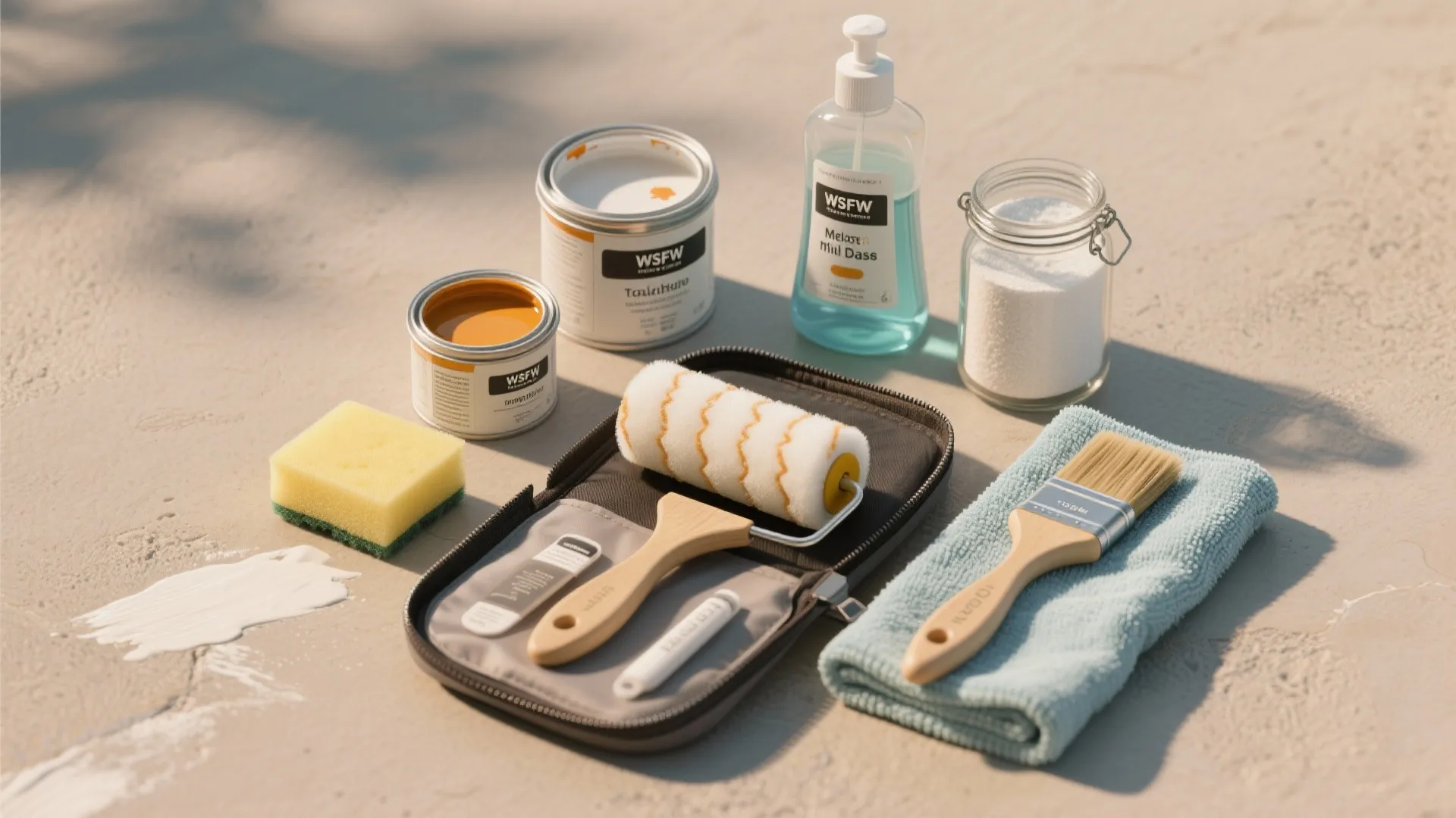 Cleaning kit with paint cans soap bottle brush sponge and paint roller on gray floor
