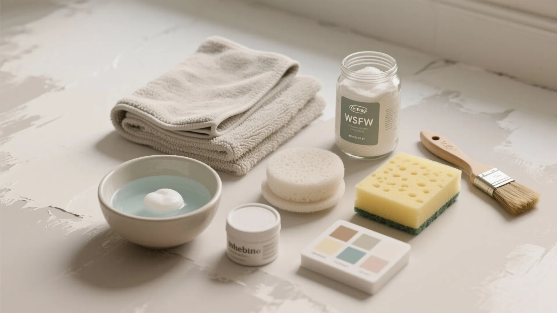 Top-down flatlay of cleaning supplies for painted walls including microfiber cloths, baking soda, sponge, and touch-up paint.
