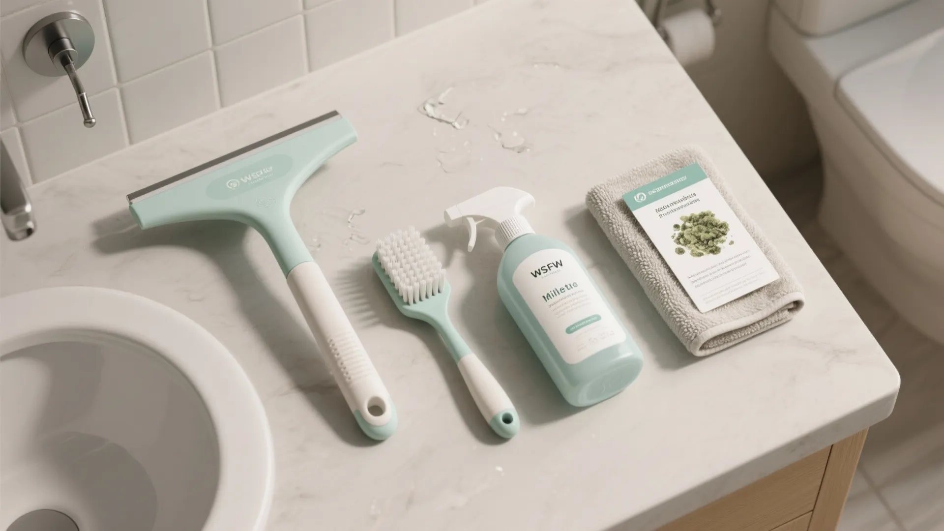 Cleaning kit on marble bathroom counter including glass squeegee, brush, spray bottle, and small towel