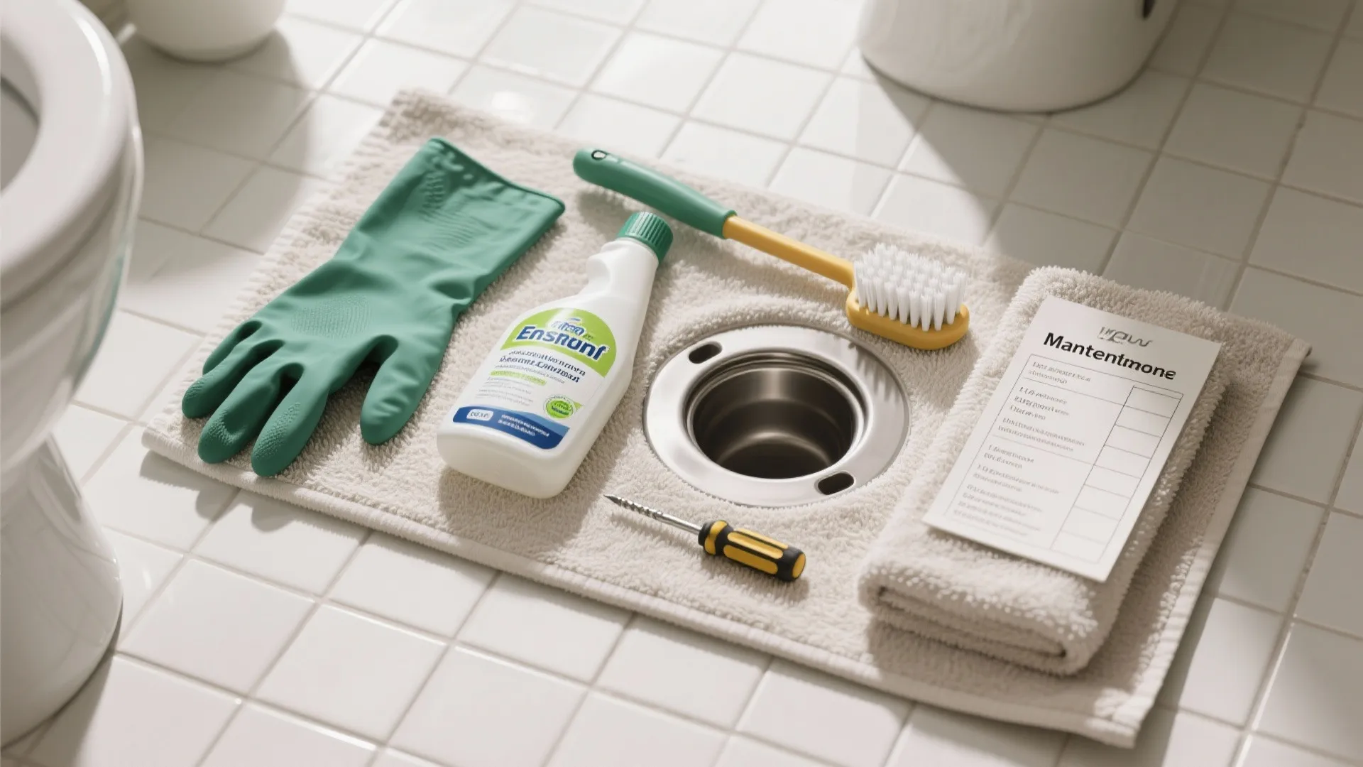 Bathroom cleaning supplies including green glove bottle brush screwdriver and checklist on a white rug