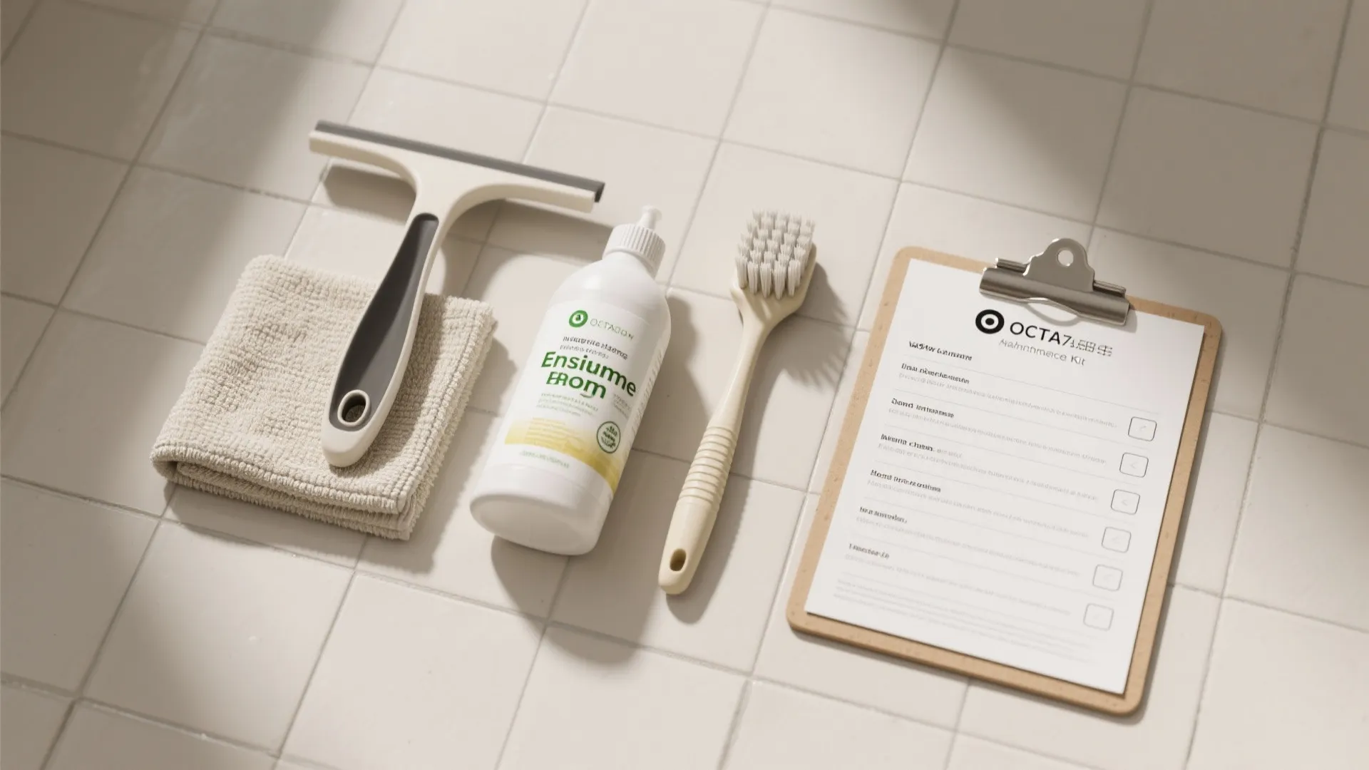 Cleaning kit with brush bottle towel and checklist placed on white bathroom floor for home maintenance