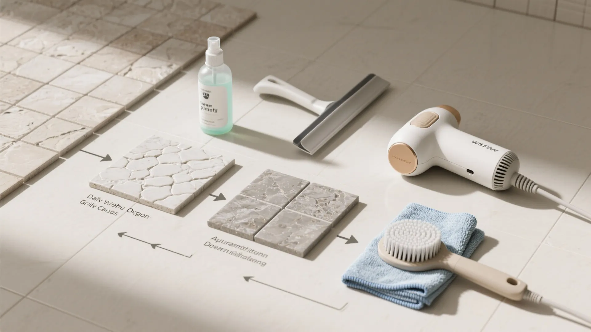 Layout showing bathroom tile cleaning routine with spray bottle squeegee brush cloth and stone samples