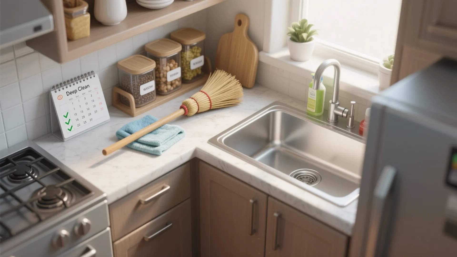 Top-down view of tools and a calendar illustrating a preventive cleaning routine in a small kitchen.