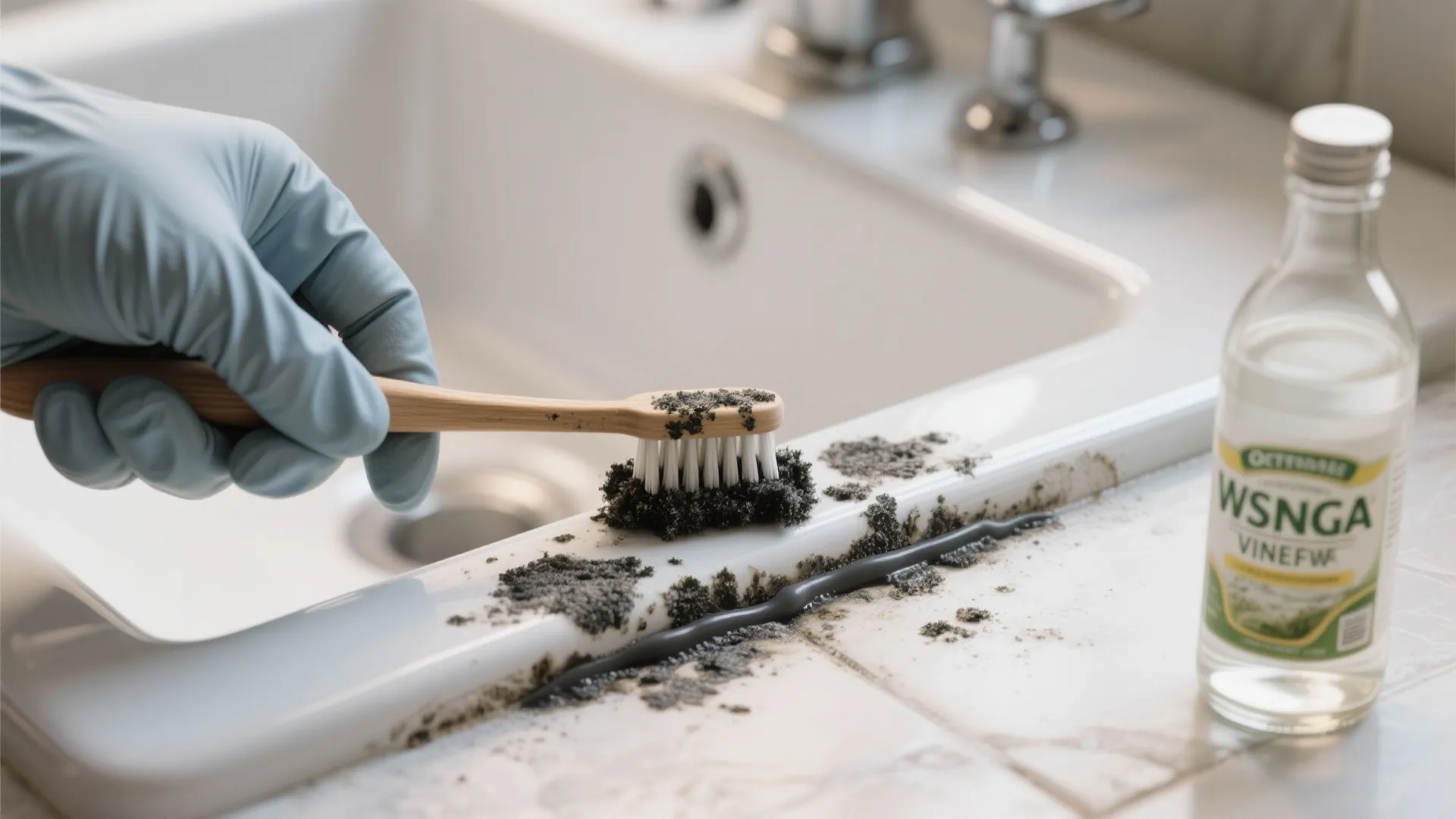 Gloved hand scrubbing black mold from silicone caulk at a sink edge with a toothbrush and vinegar bottle.