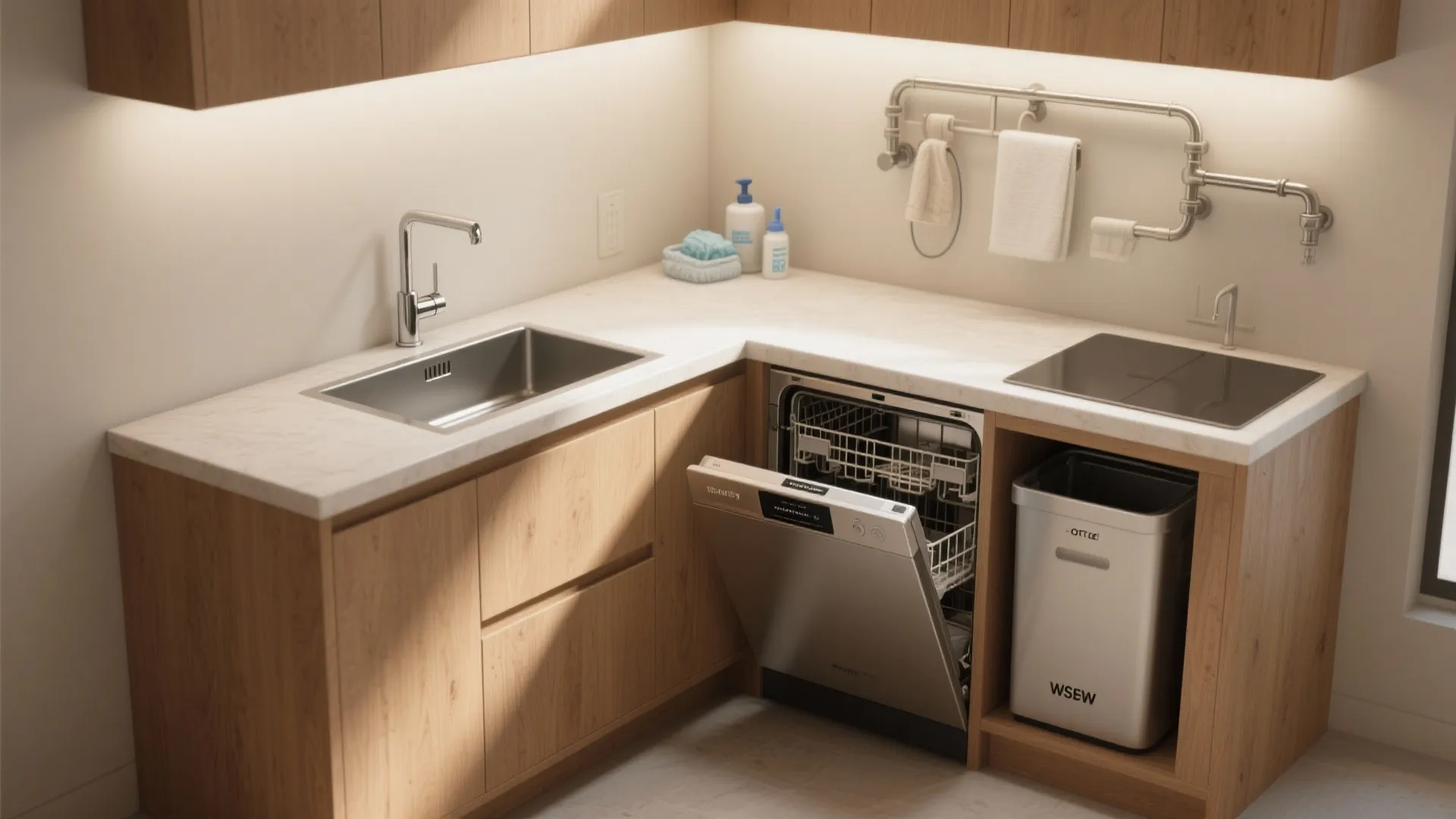 Modern kitchen cleaning station with wooden cabinets marble countertop open dishwasher sink and waste bin storage