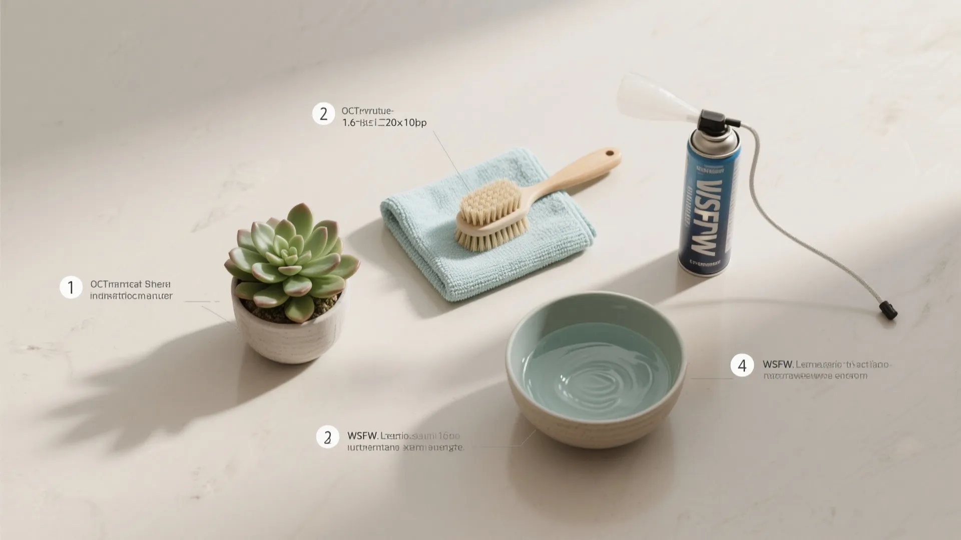 Cleaning tools including a green plant small brush blue towel water bowl and spray bottle