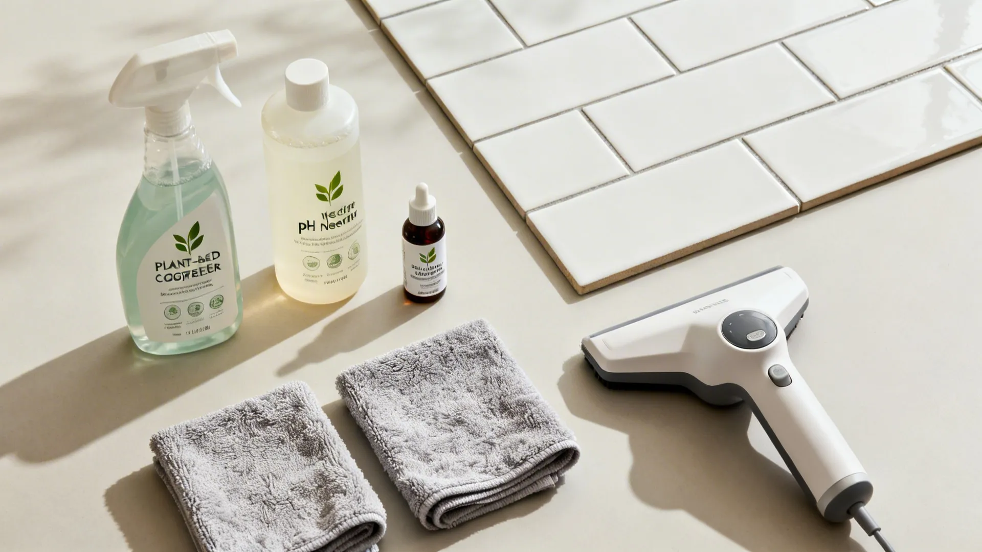 Flat lay of degreaser, neutral cleaner, microfiber cloths, steamer, and grout sealer by a tile sample.