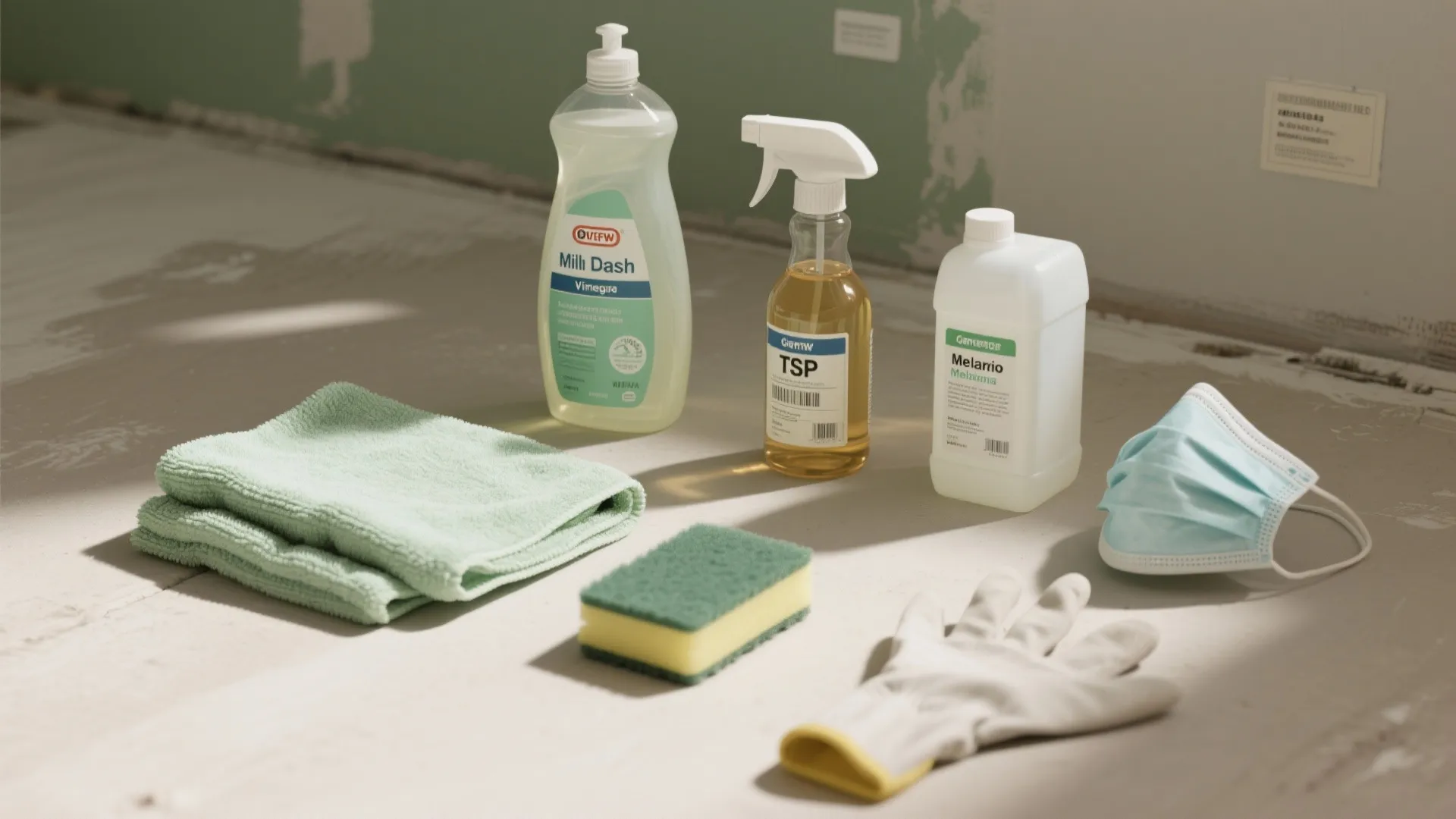 Assorted cleaning supplies including spray bottles green towel sponge work glove and mask on floor