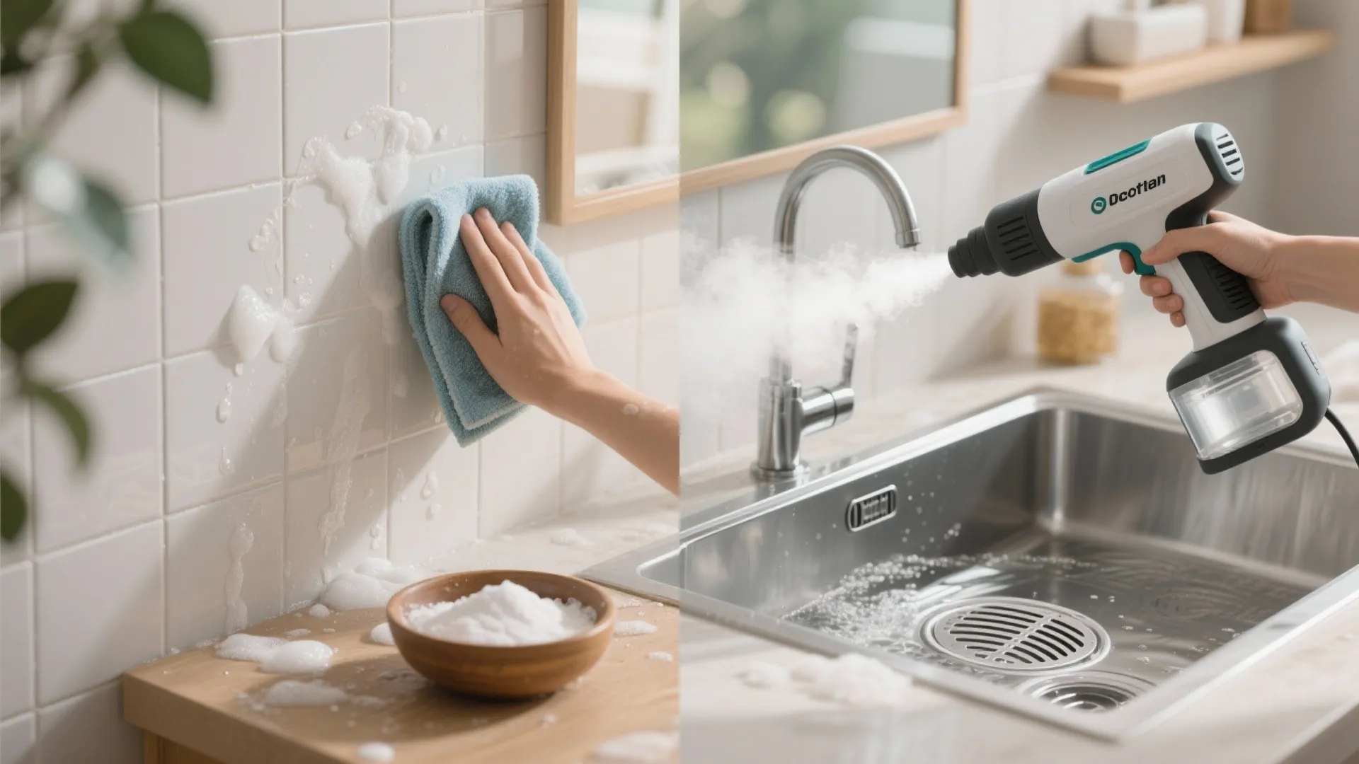 Montage of cleaning techniques: spray and wipe, baking soda paste, steam cleaning, and filter soaking.