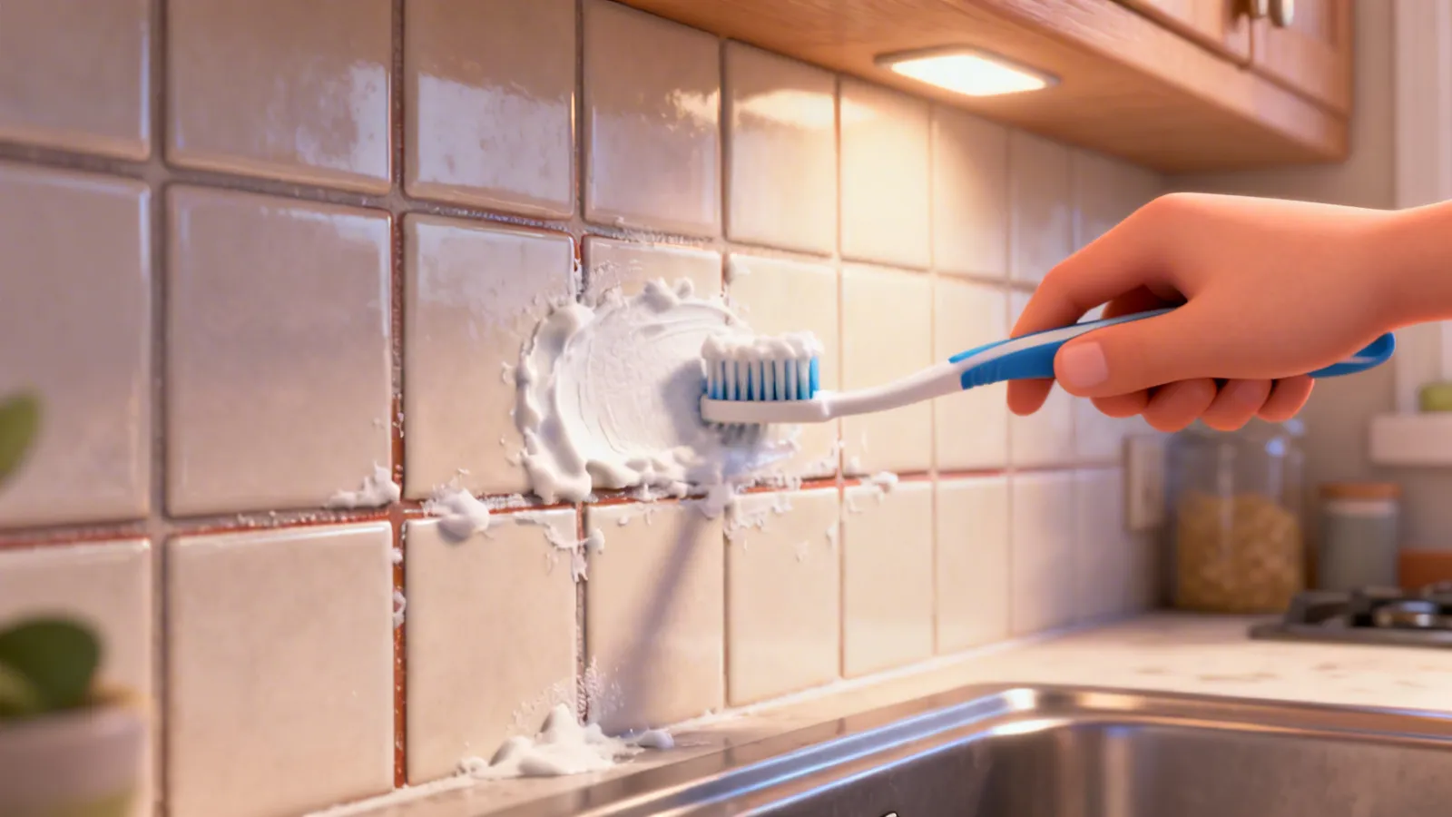 cleaning kitchen tile grout with baking soda paste and toothbrush