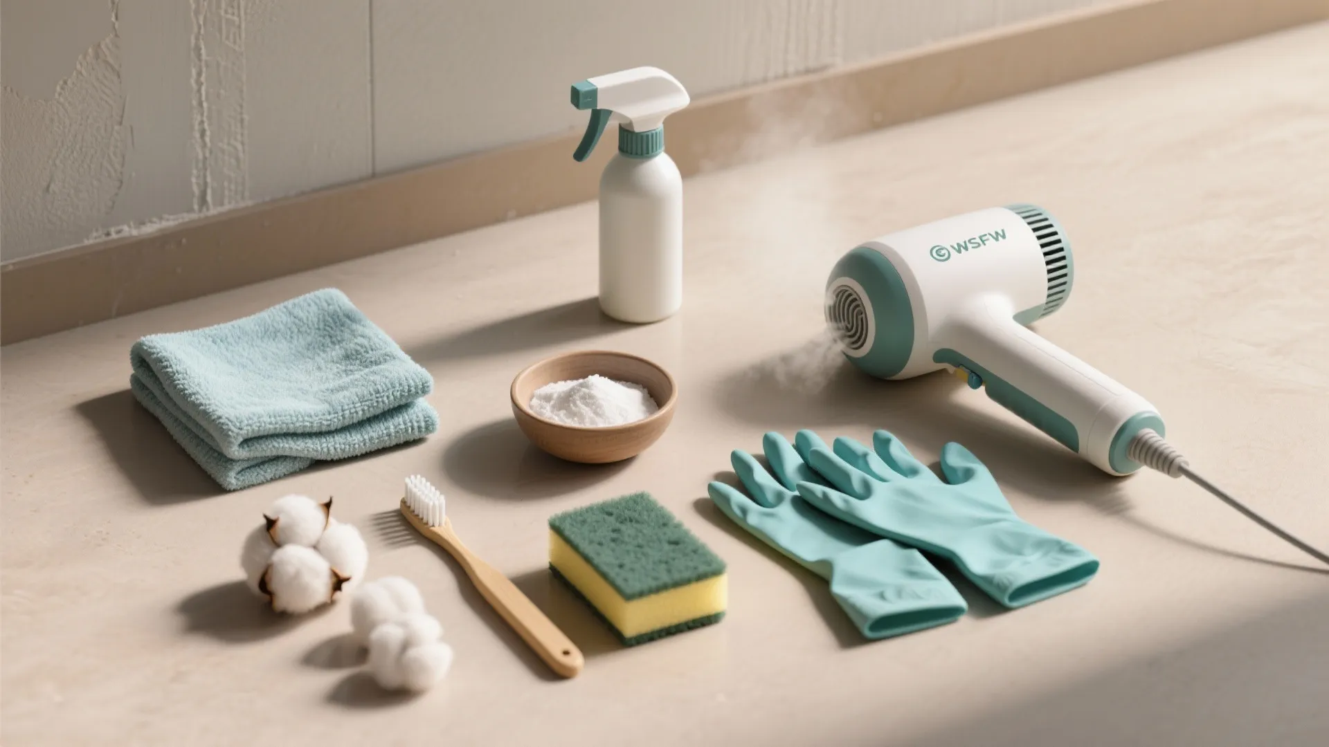Top-down flatlay of essential wall-cleaning tools including microfiber cloths, spray bottle, baking soda paste, cotton balls, brush, and gloves.