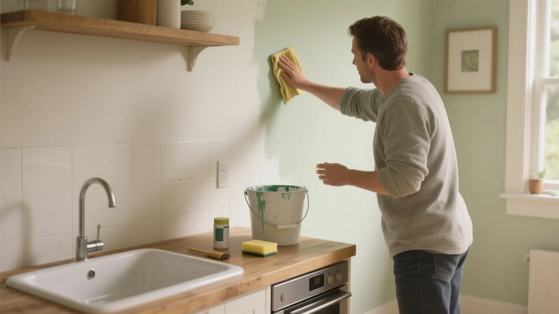 Man cleaning a green kitchen wall with yellow cloth near white sink and paint bucket.
