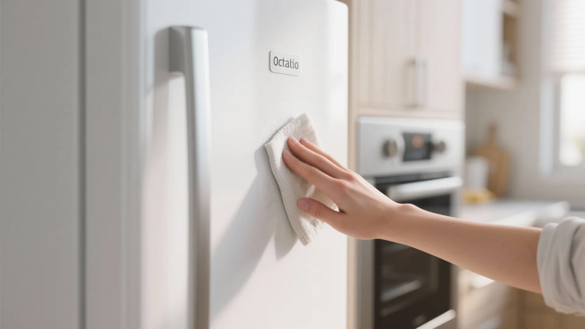 Close-up of wiping a white refrigerator door, emphasizing upkeep and cleaning.