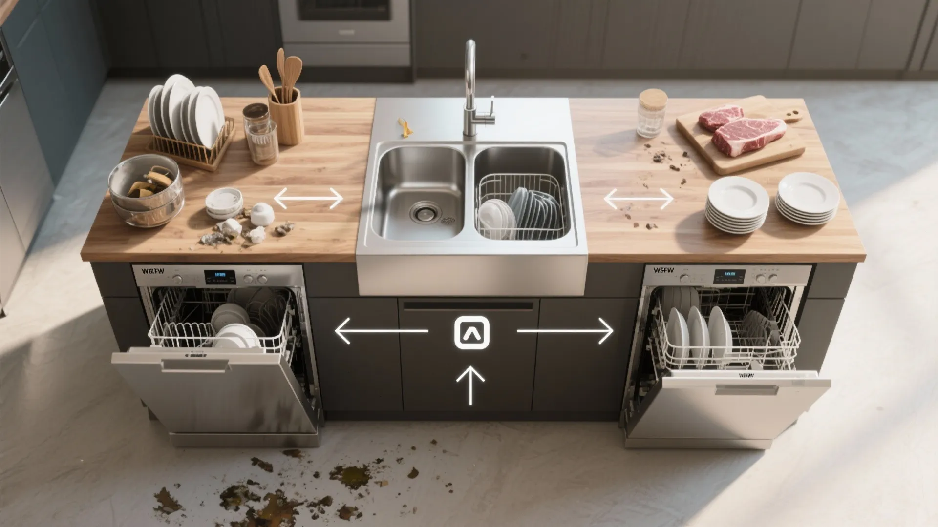 Top-down view of a kitchen island with a sink and two dishwashers flanking it, showing workflow zones