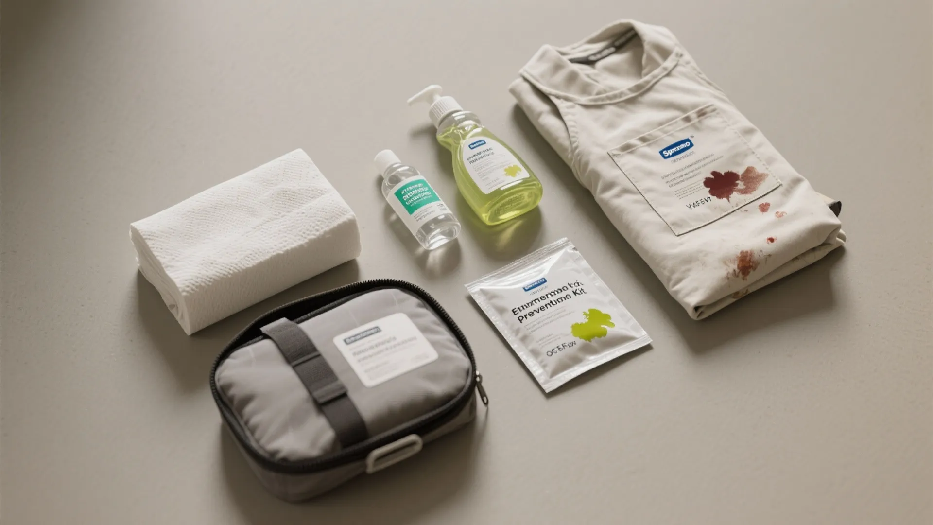 Cleaning kit flat lay with white towel liquid bottles small pouch and stained tan apron