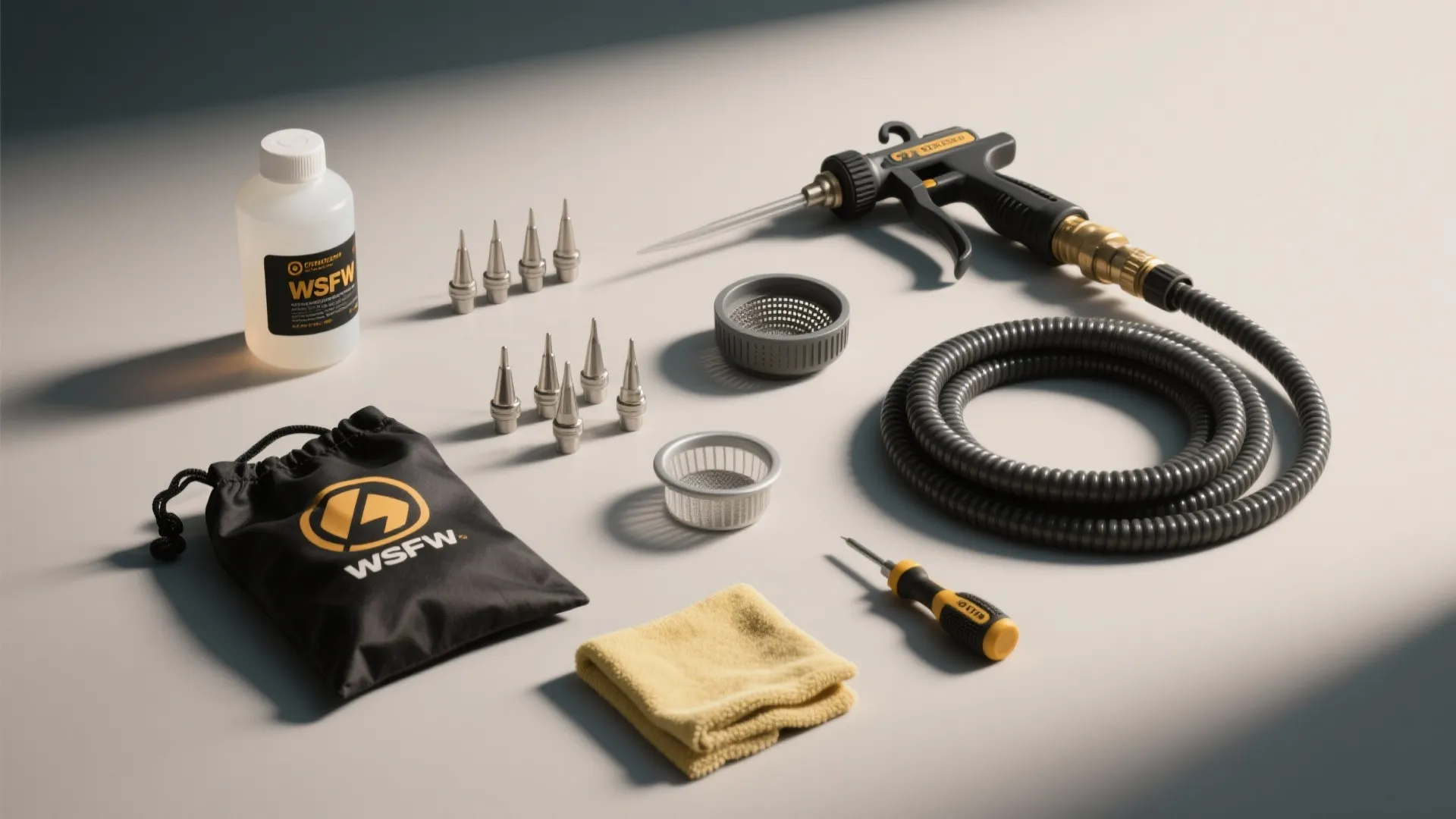 Collection of paint sprayer tools including spray gun hose cleaning bottle nozzles and a yellow cloth