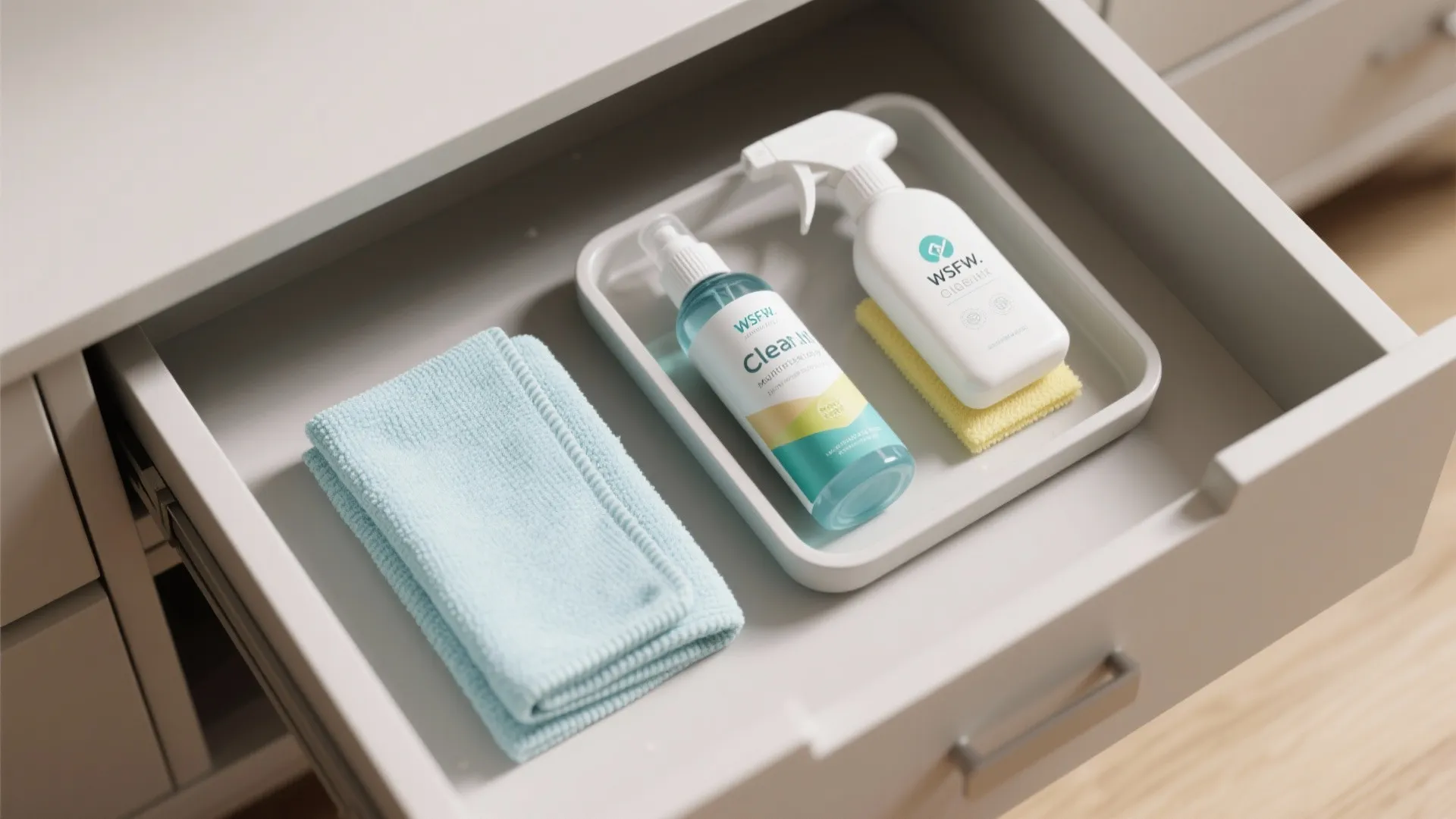 Open drawer containing folded blue towel and cleaning spray bottles on white tray with sponge