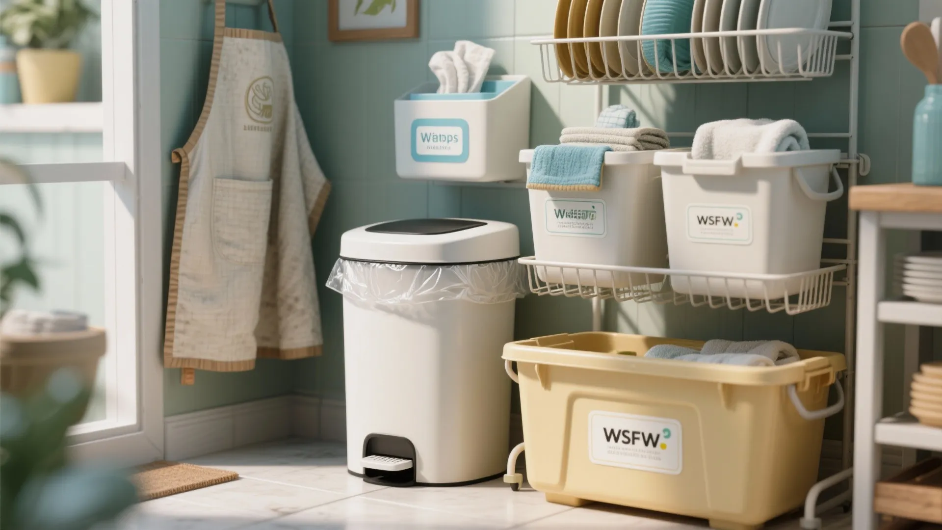 Clean utility corner with white trash can plastic bins on metal wire wall storage racks