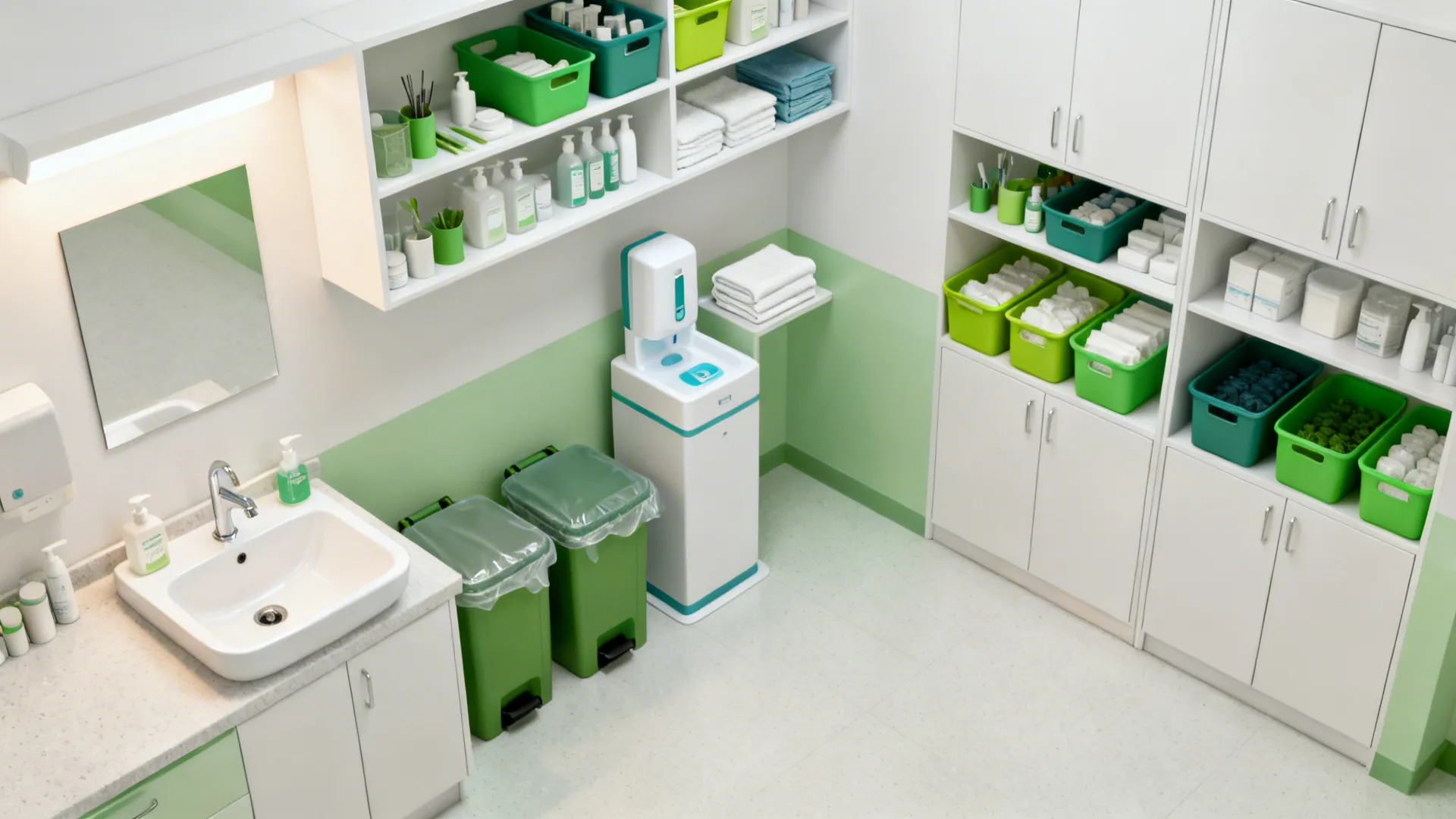 Top-down plan highlighting sink, bins, and towel station within a short walking triangle.