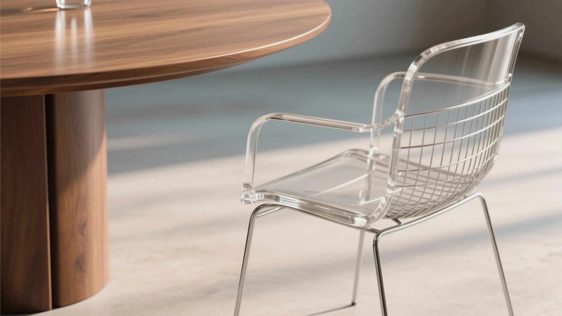 Modern clear chair with metal legs next to a round wooden table in bright room
