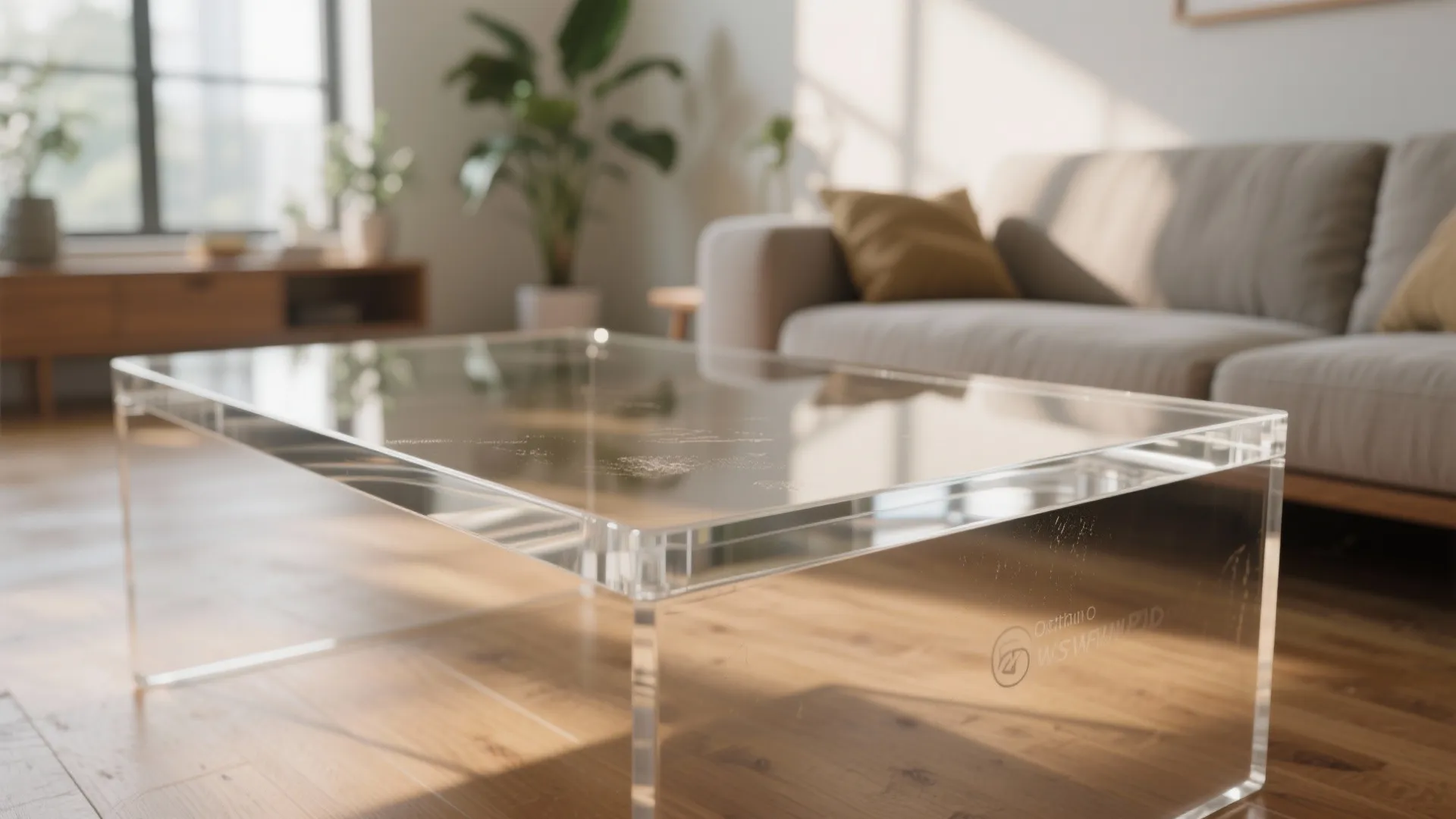 Clear acrylic coffee table on wooden floor with a modern beige sofa in the blurred background
