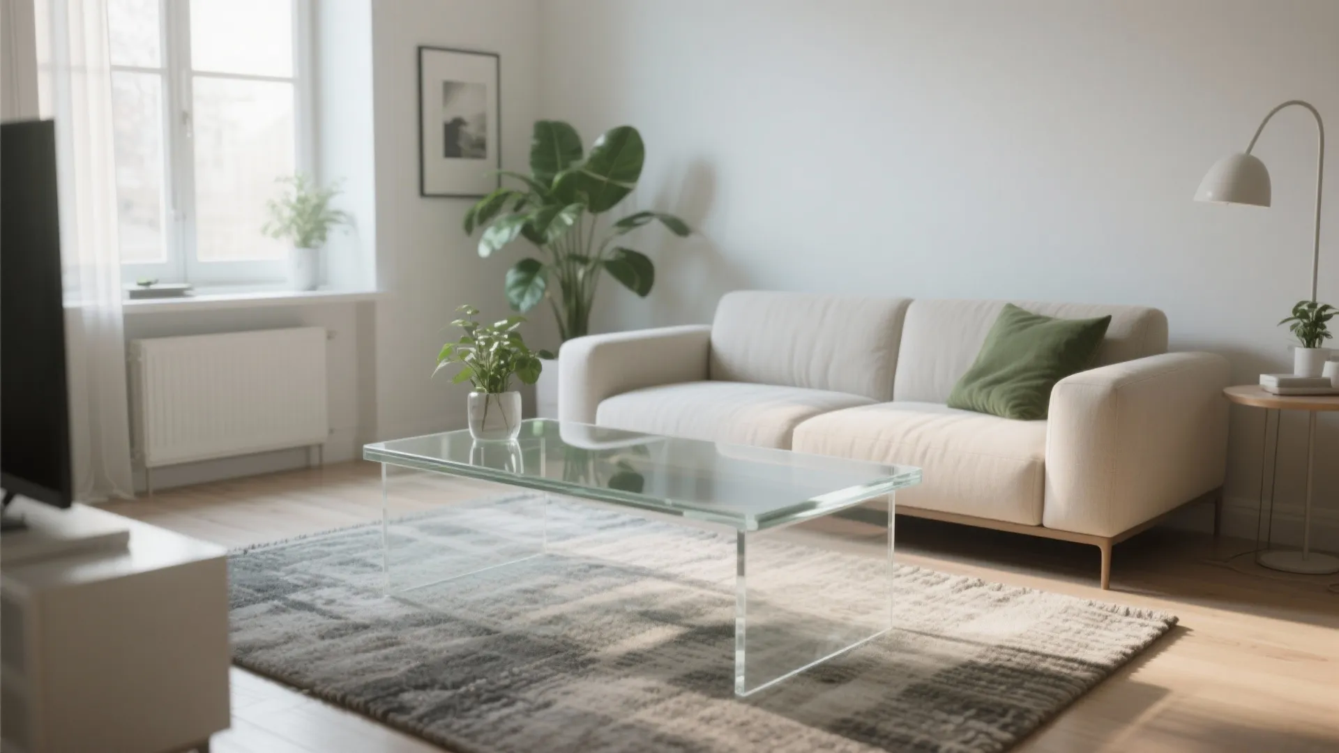 Modern living room featuring a clear glass coffee table on a grey rug with sofa