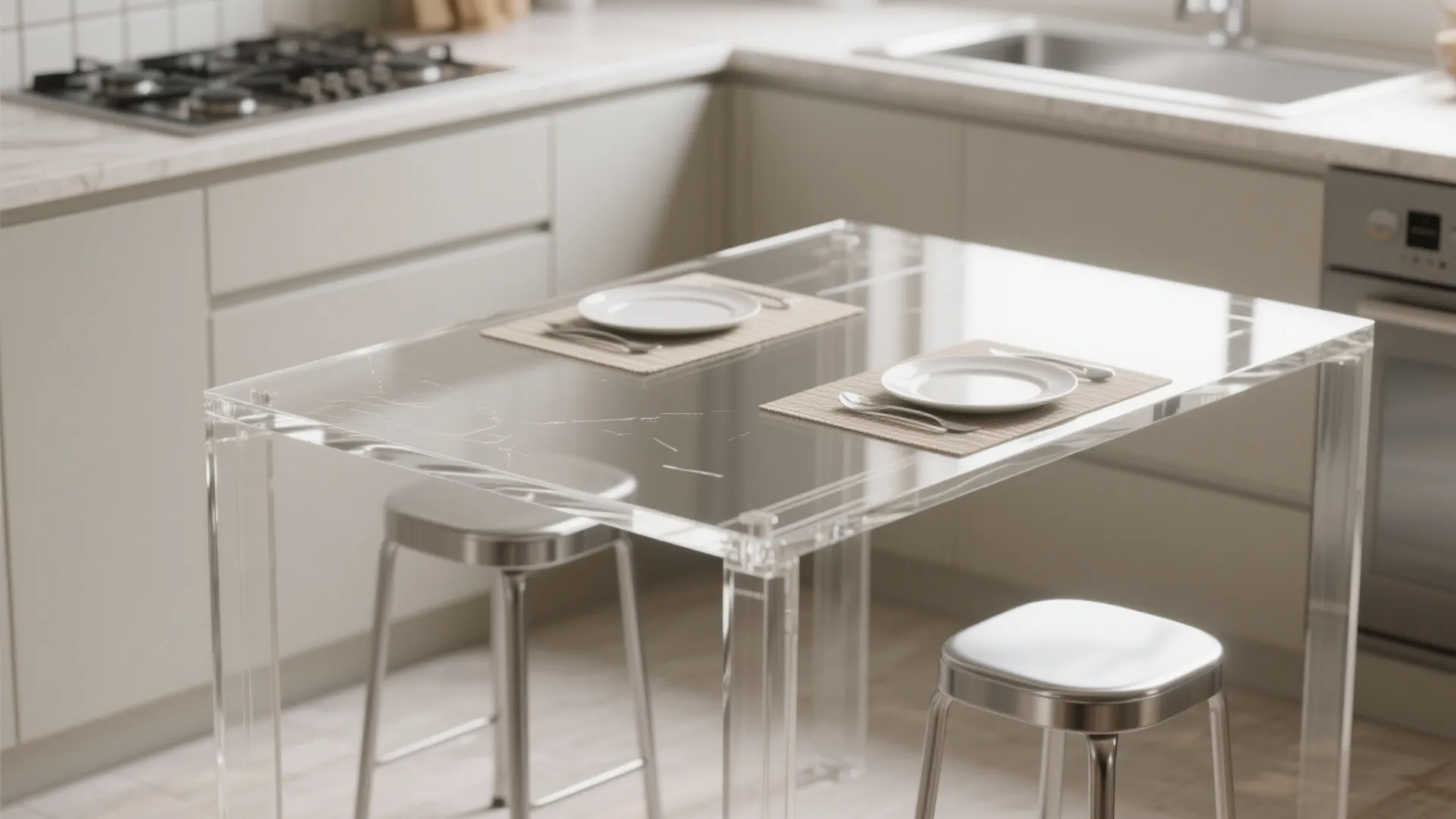 5. Clear acrylic tables and slim stools to visually declutter