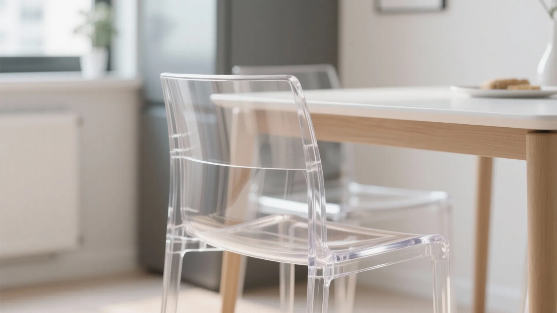 Clear plastic dining chair with transparent back and seat placed next to a wooden table