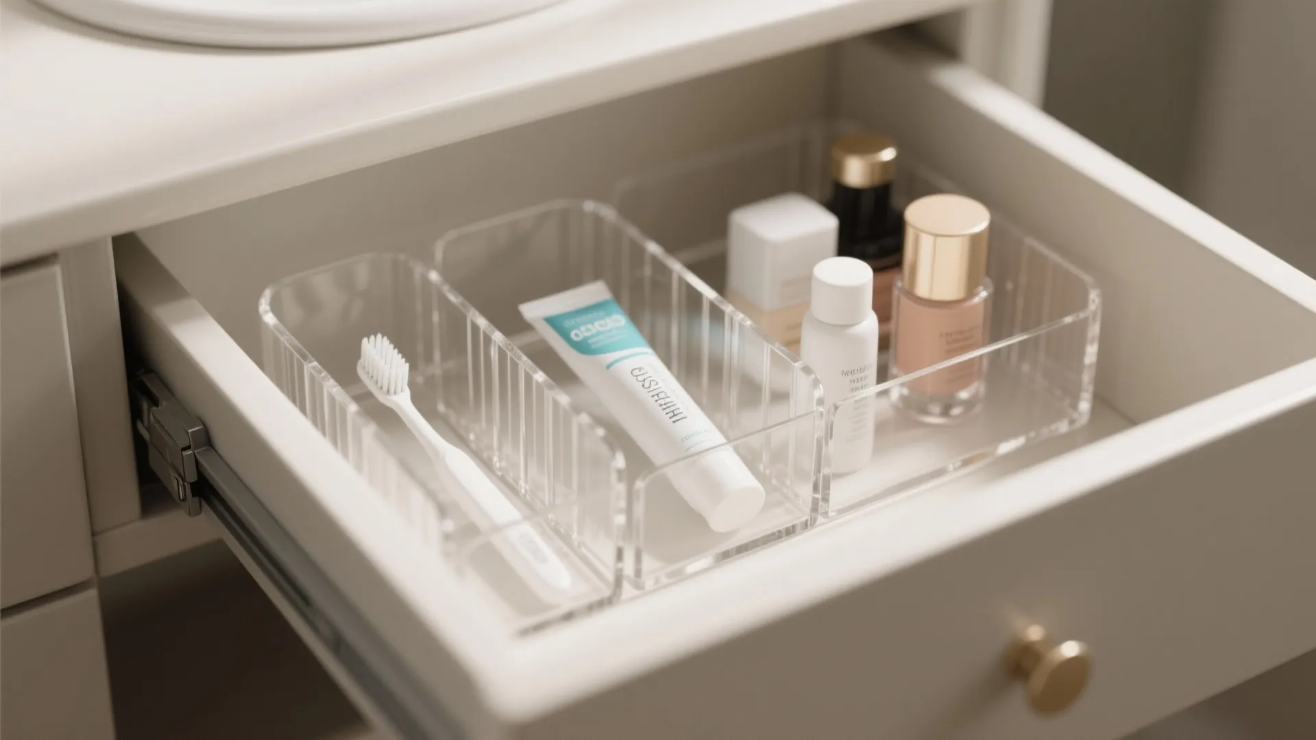 White bathroom drawer with clear plastic dividers holding a toothbrush toothpaste and small skincare bottles