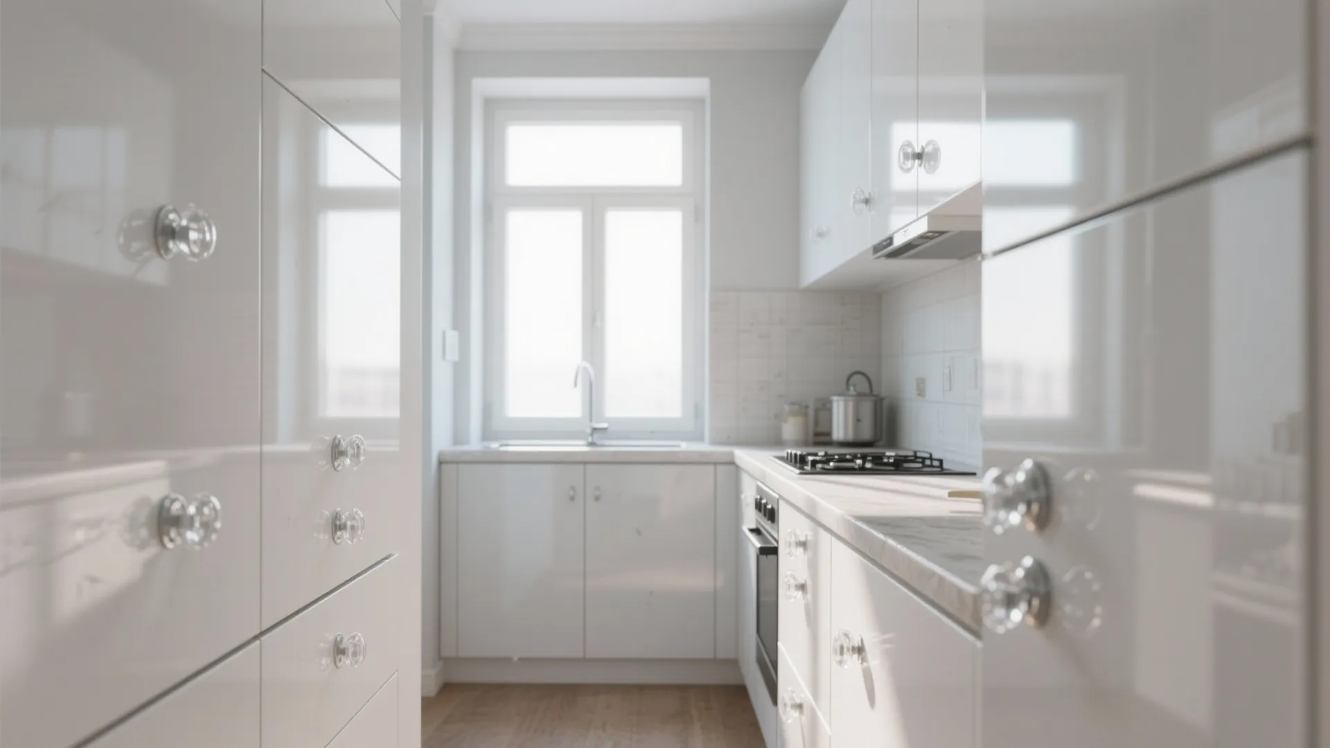 Modern white kitchen cabinets featuring round clear glass knobs with a bright and clean interior design