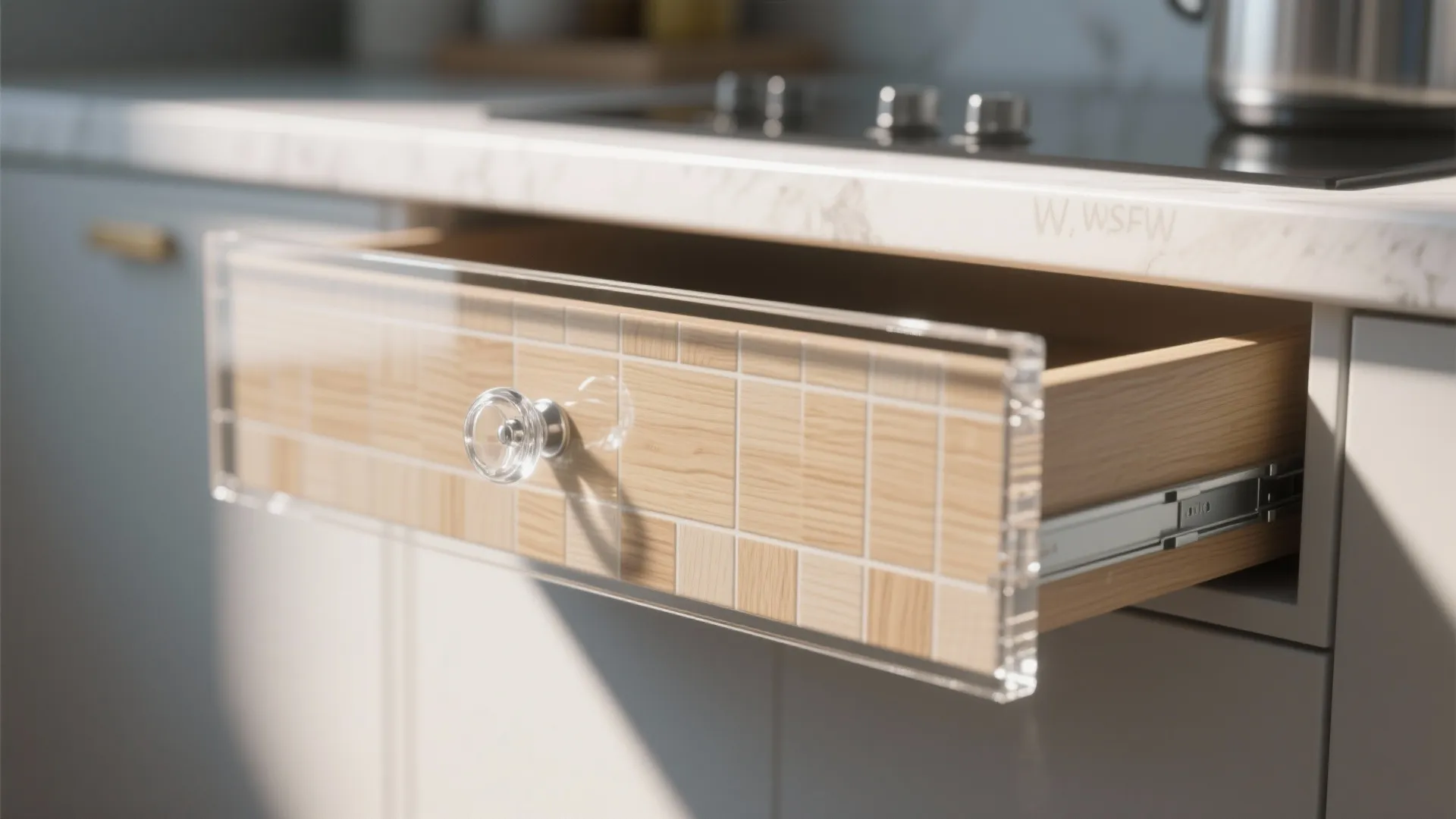 Clear acrylic knobs on painted drawers allowing wood and tile to remain focal.