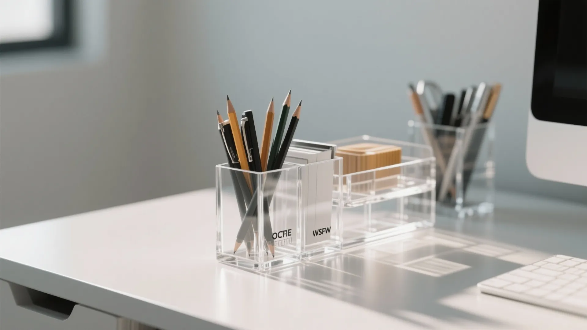 Clear plastic desk organizers holding pencils and notebooks on a white office desk with sunlight