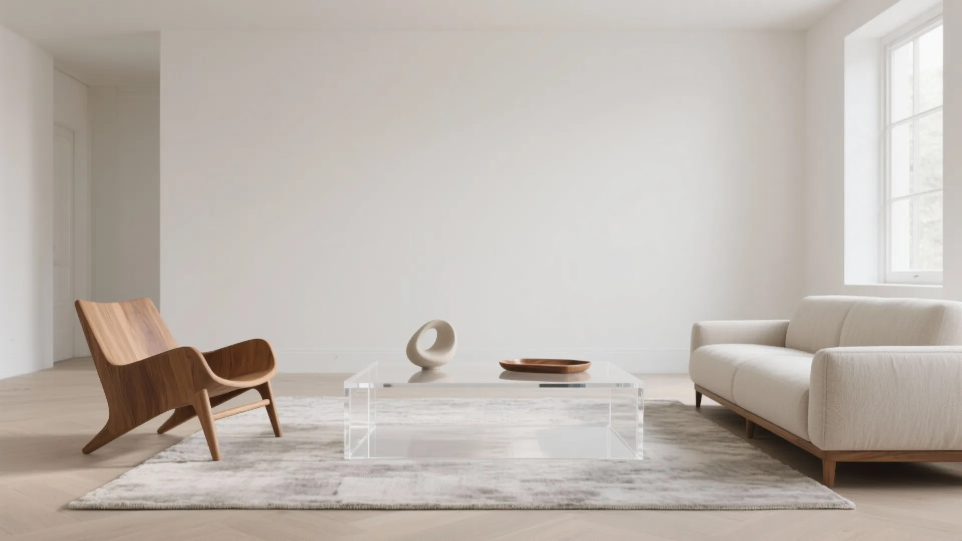 Modern minimalist living room featuring clear acrylic coffee table white sofa wooden chair and rug