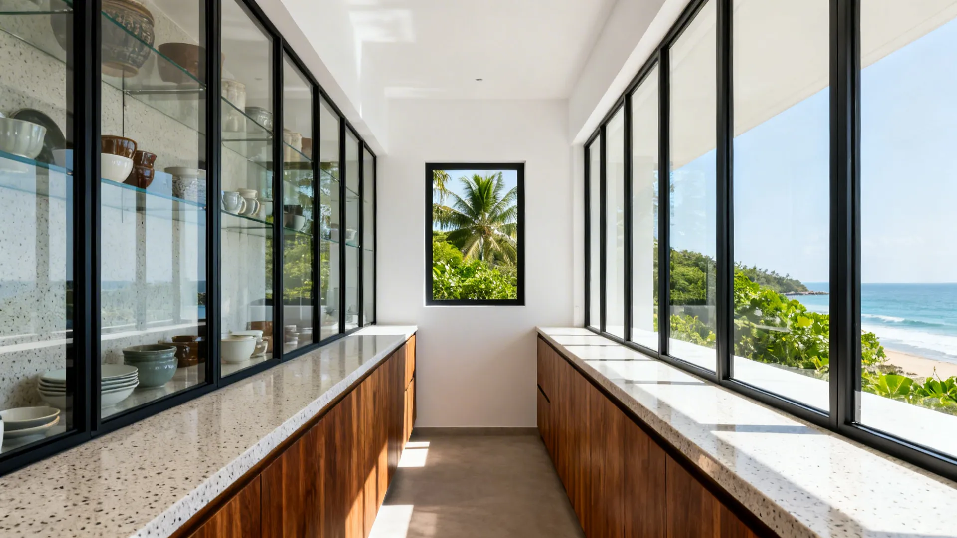 Narrow kitchen with clear tempered glass doors in slim matte black aluminum frames and terrazzo counters.