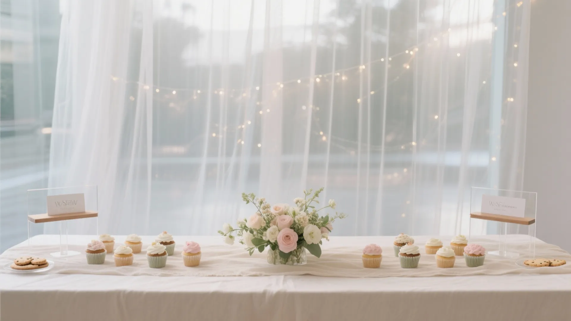 Elegant dessert table with pink flowers small cupcakes and cookies in front of white curtains
