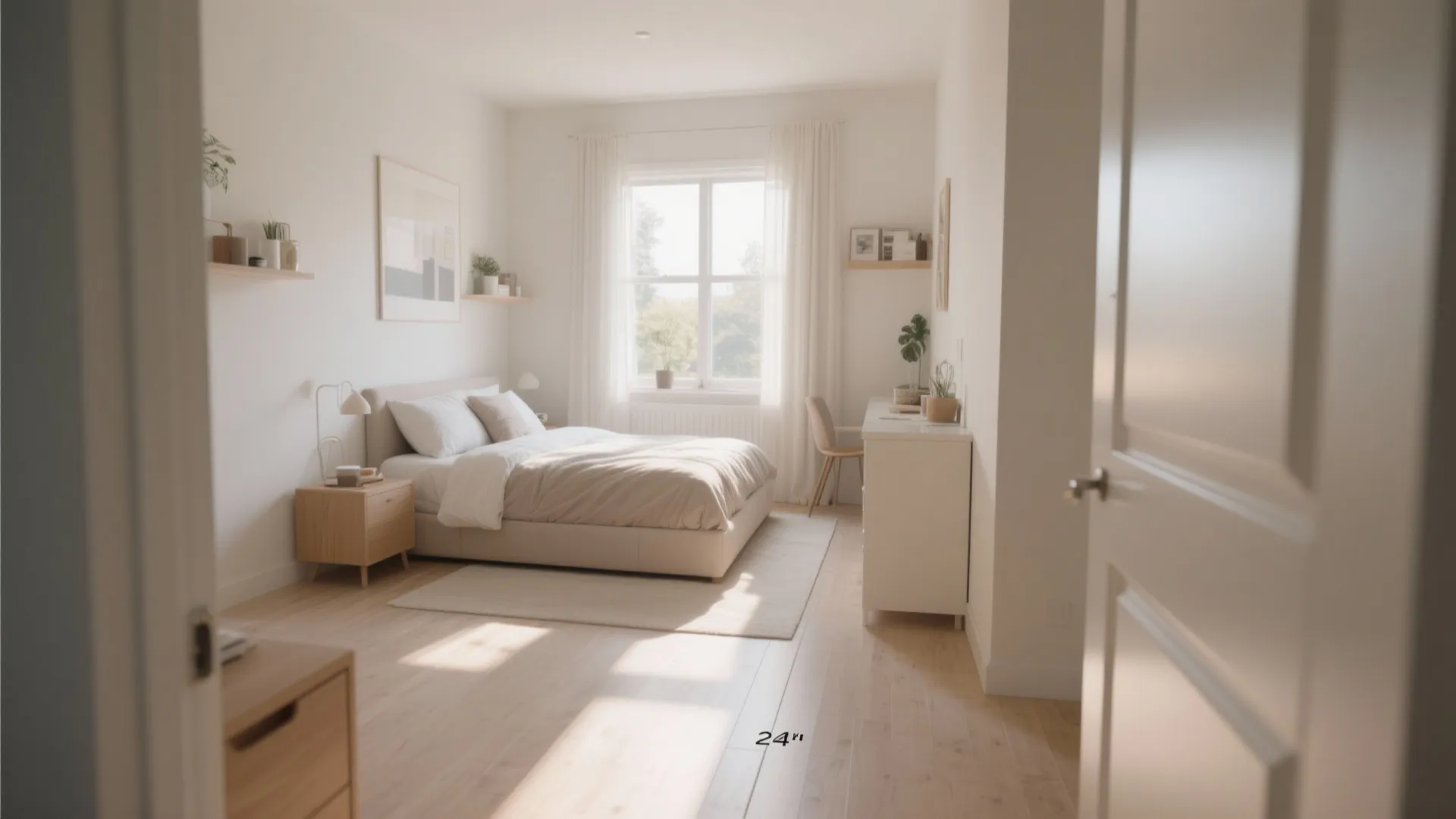 Small bedroom with clear walkways and clutter-free floor