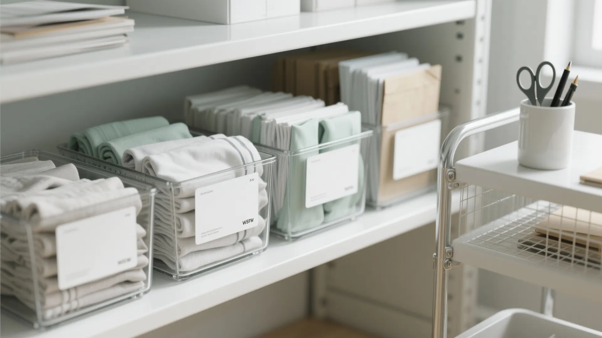 Clear Bins, Labels, and a Rolling Cart
