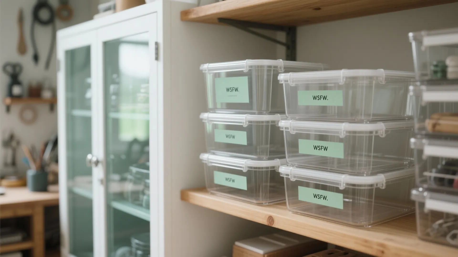 Clear Bins and Glass-Front Cabinets for Visibility