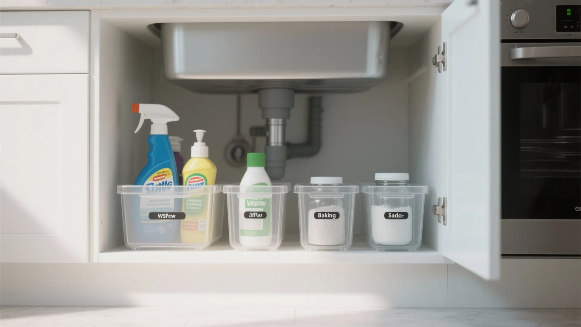 Clear bins organizing cleaning supplies under sink