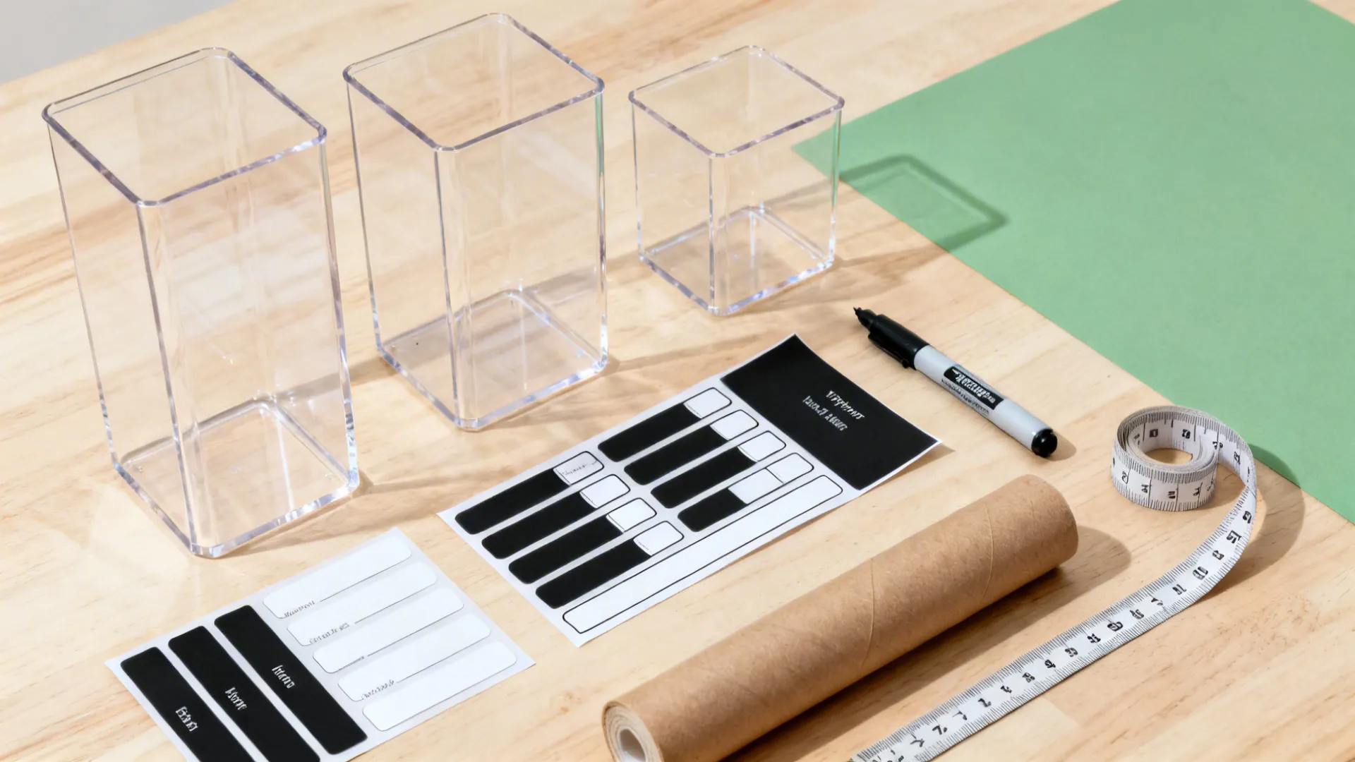 Top-down view of clear bins, labels, marker, non-slip liner, and a measuring tape on a wood surface.