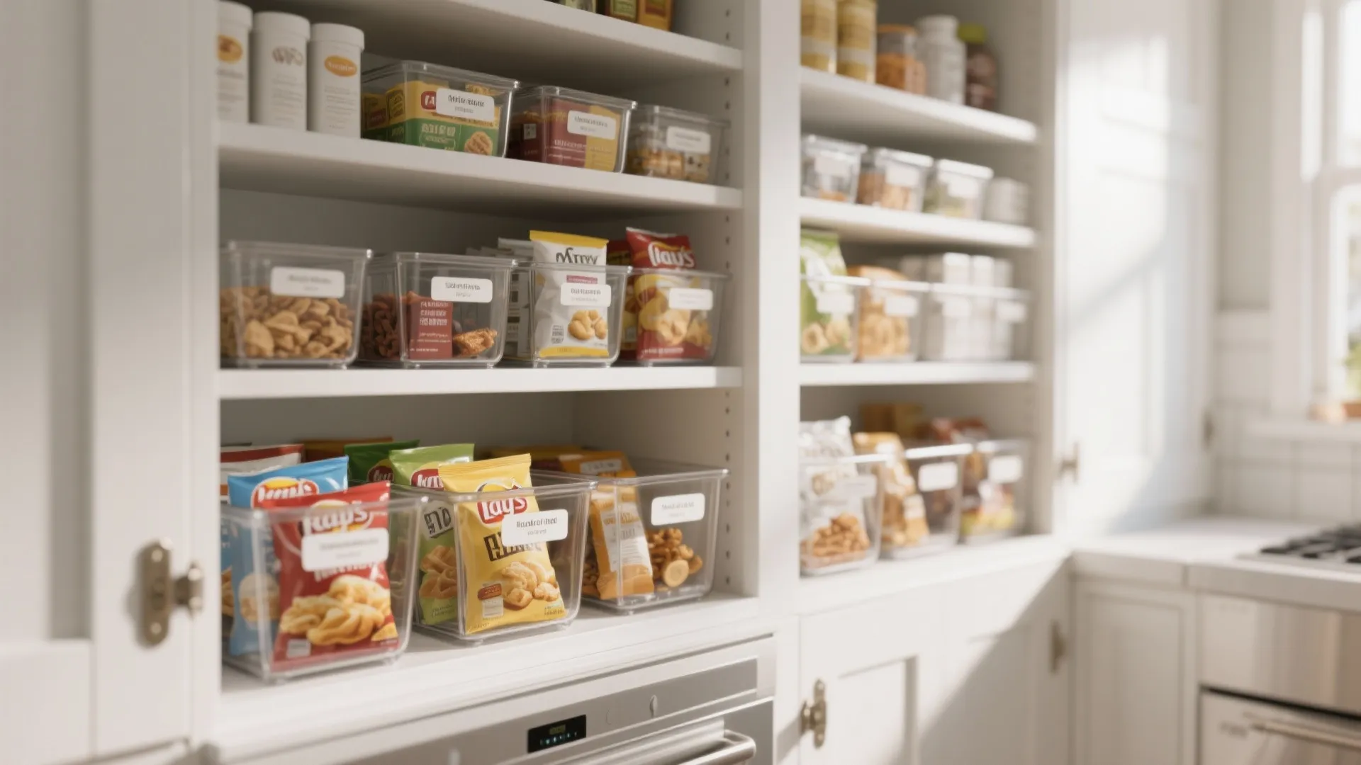 Organized pantry shelves with clear plastic bins holding labeled snack bags and food storage items